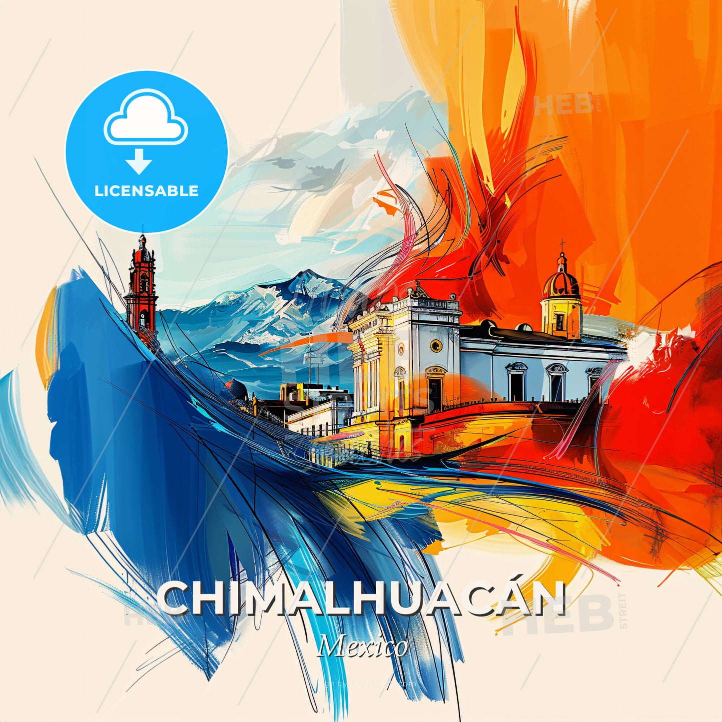 Vibrant Chimalhuacán, Mexico - A Painting Of A Building With A Mountain In The Background - Square format print template