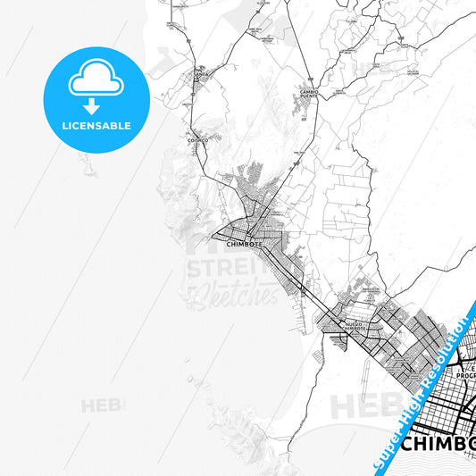 Chimbote, Peru light map with streetnames, citynames and districts