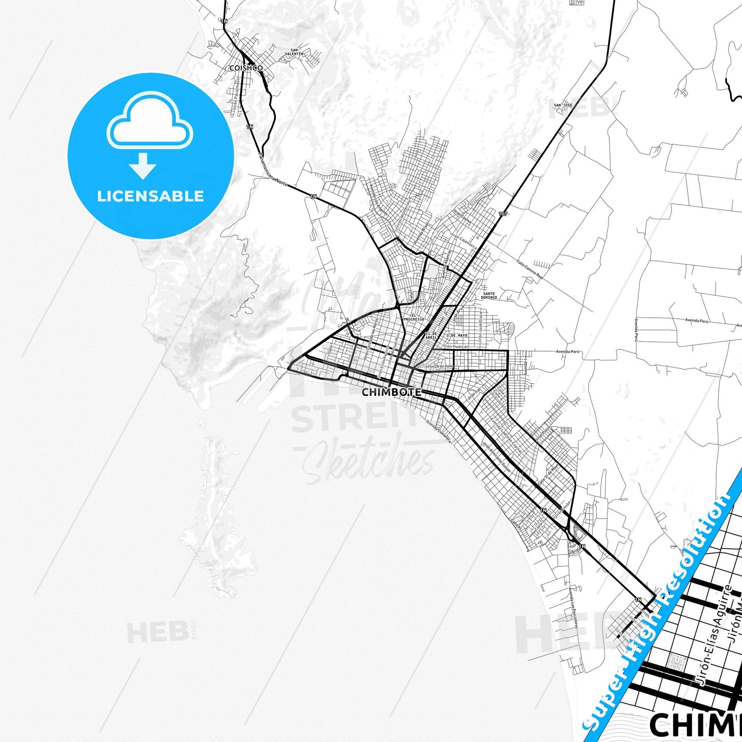 Chimbote, Peru Light Map with Street Names, City Names, and Districts