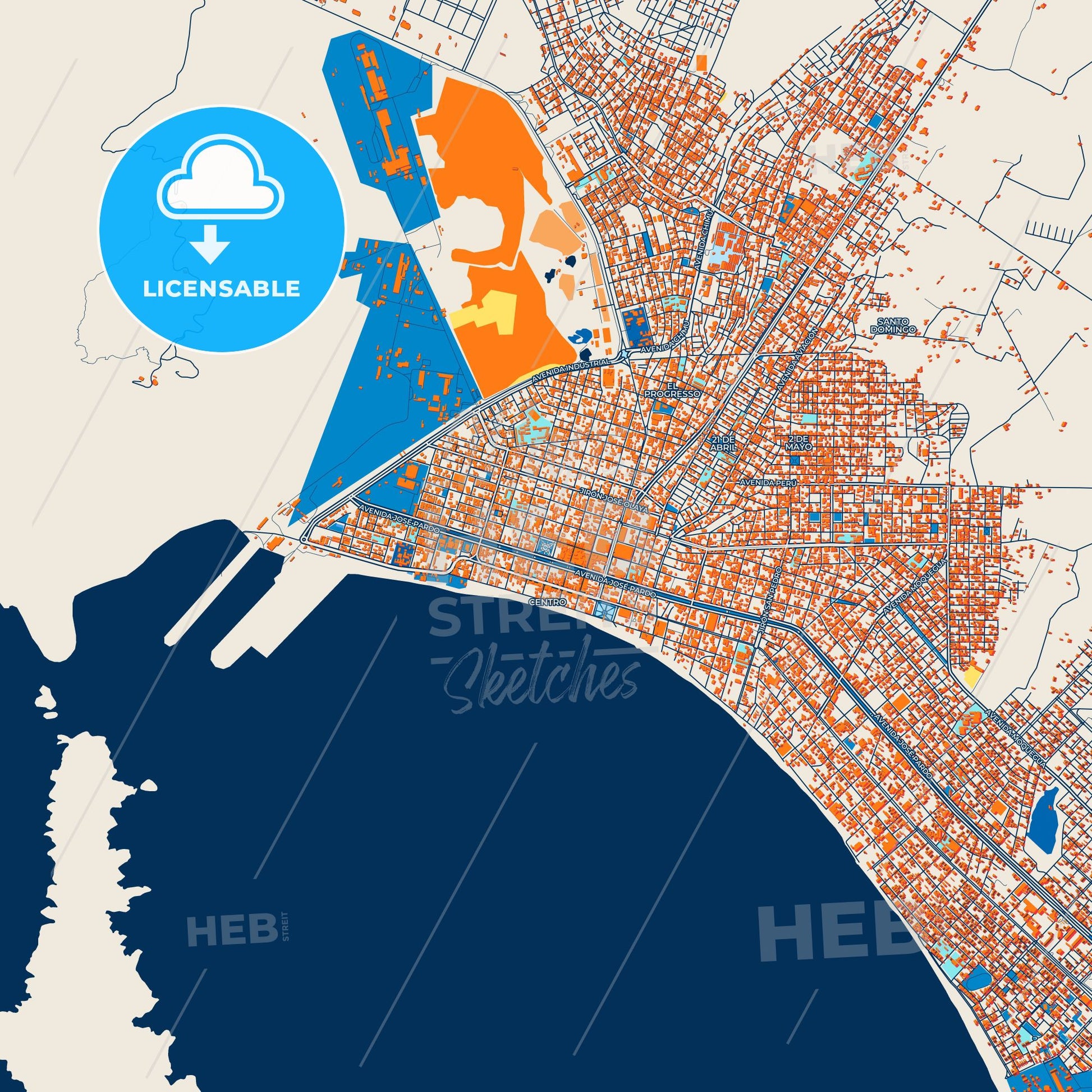Colorful Chimbote Street Map with Labels and Buildings
