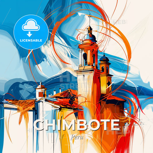 Vibrant Chimbote, Peru - A Painting Of A Building With A Tower - Square format print template
