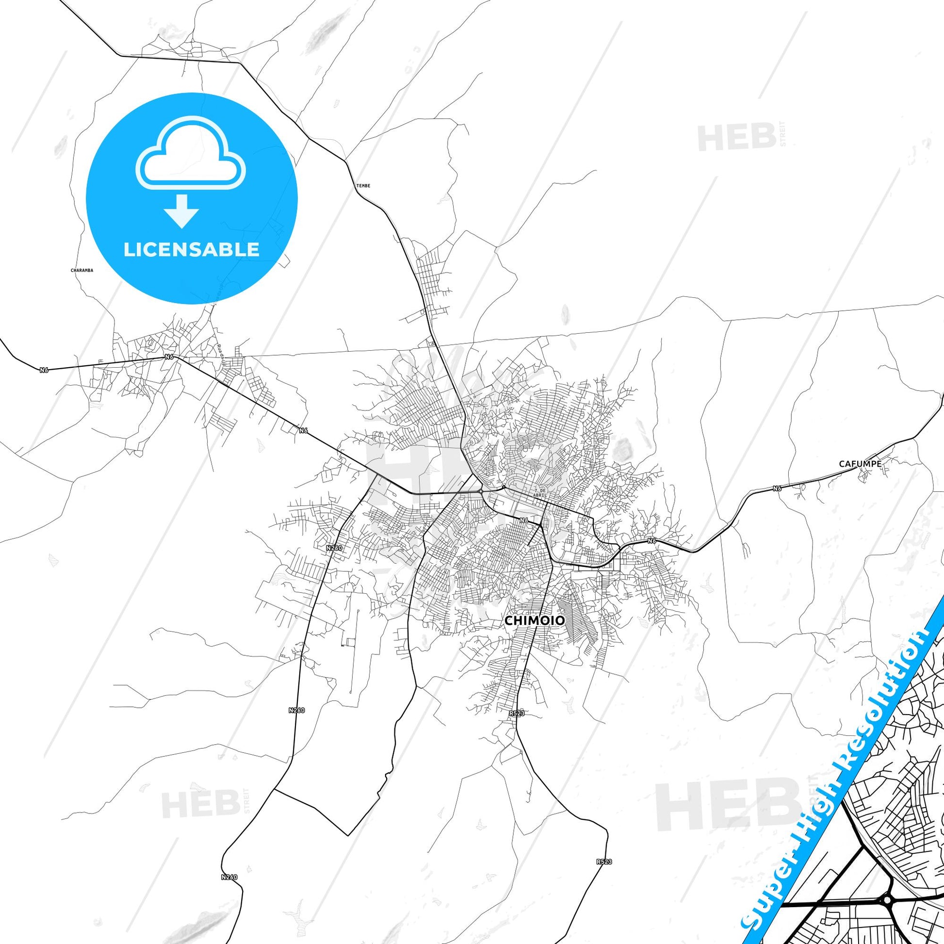 Chimoio, Mozambique light map with streetnames, citynames and districts