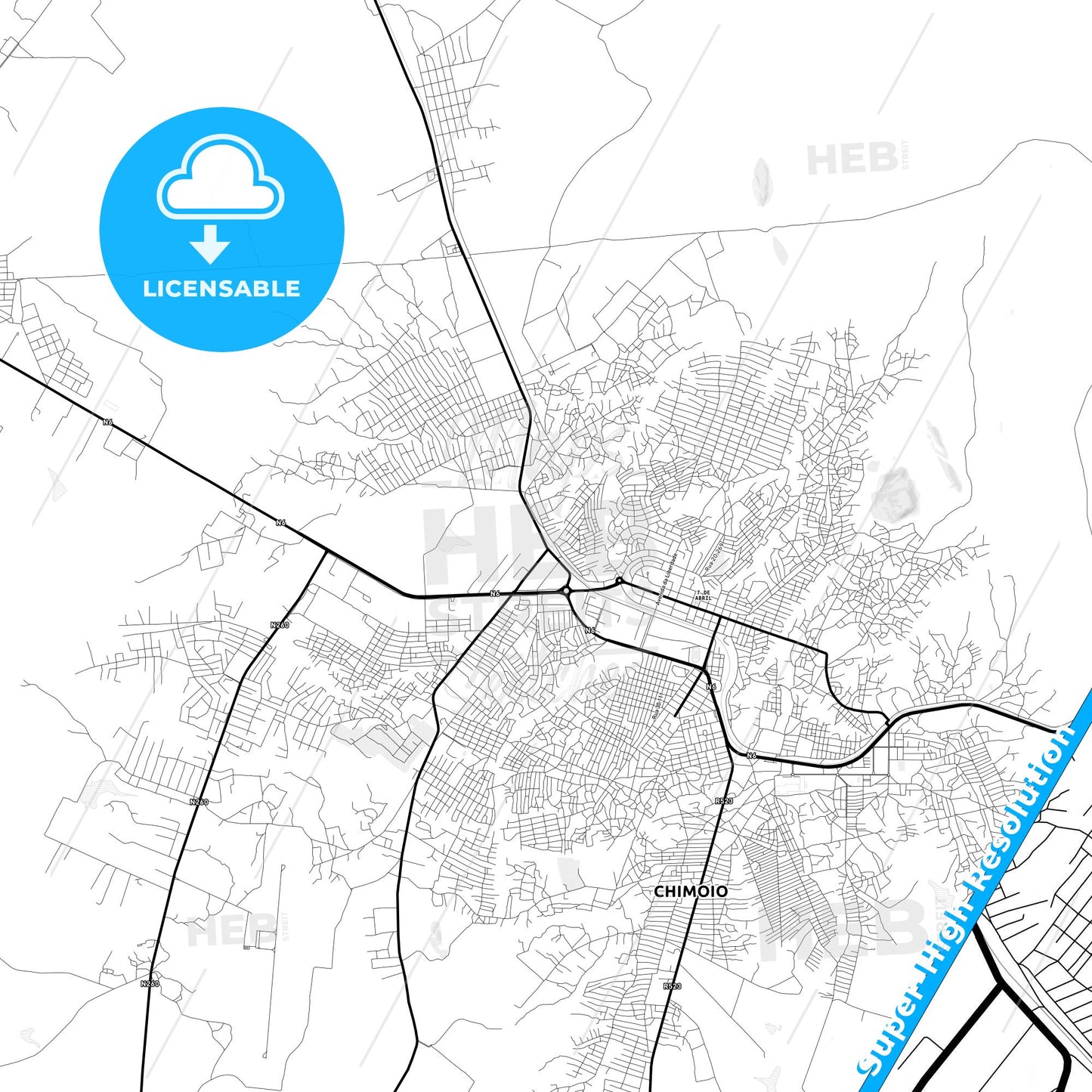 Chimoio, Mozambique Light Map with Street Names, City Names, and Districts
