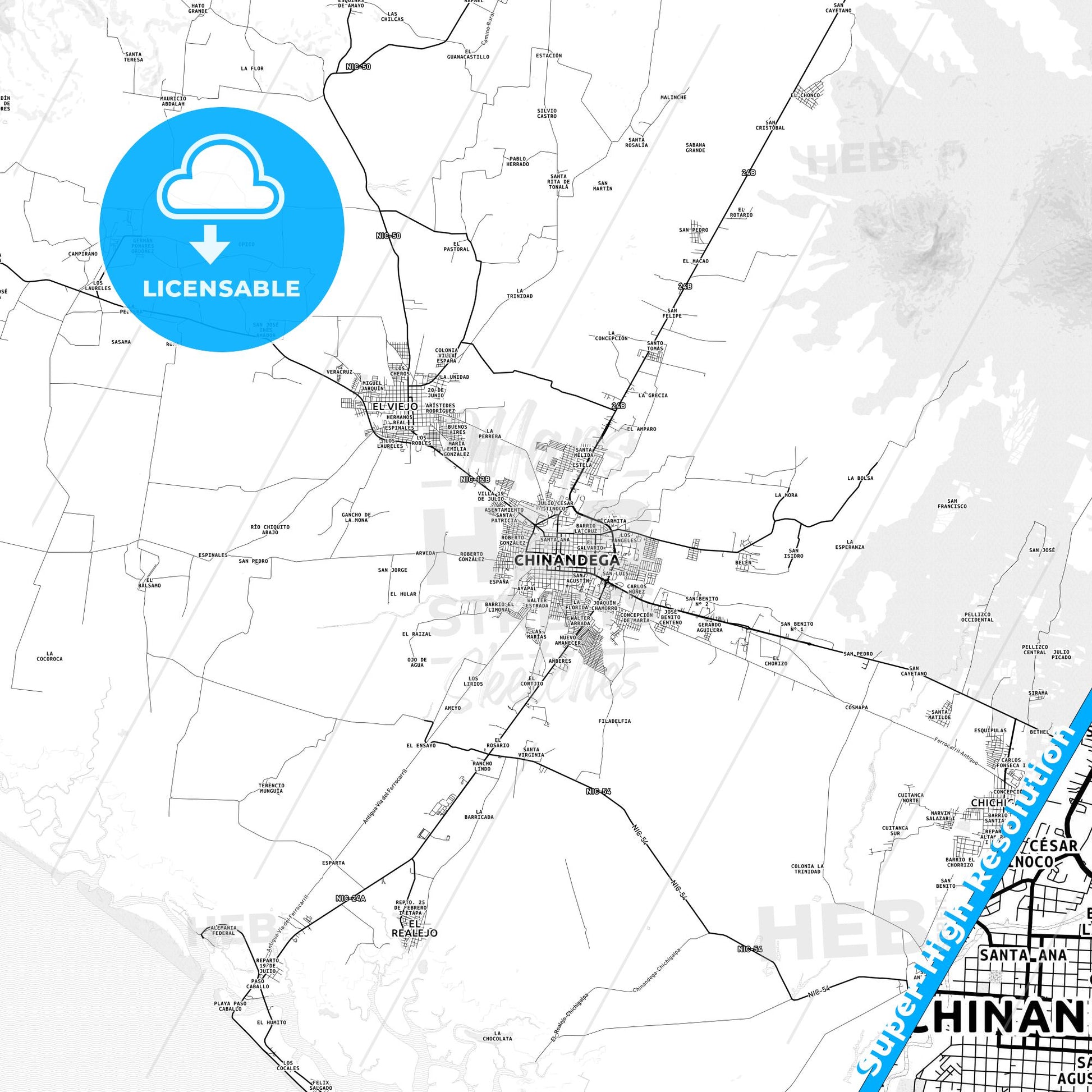 Chinandega, Nicaragua light map with streetnames, citynames and districts