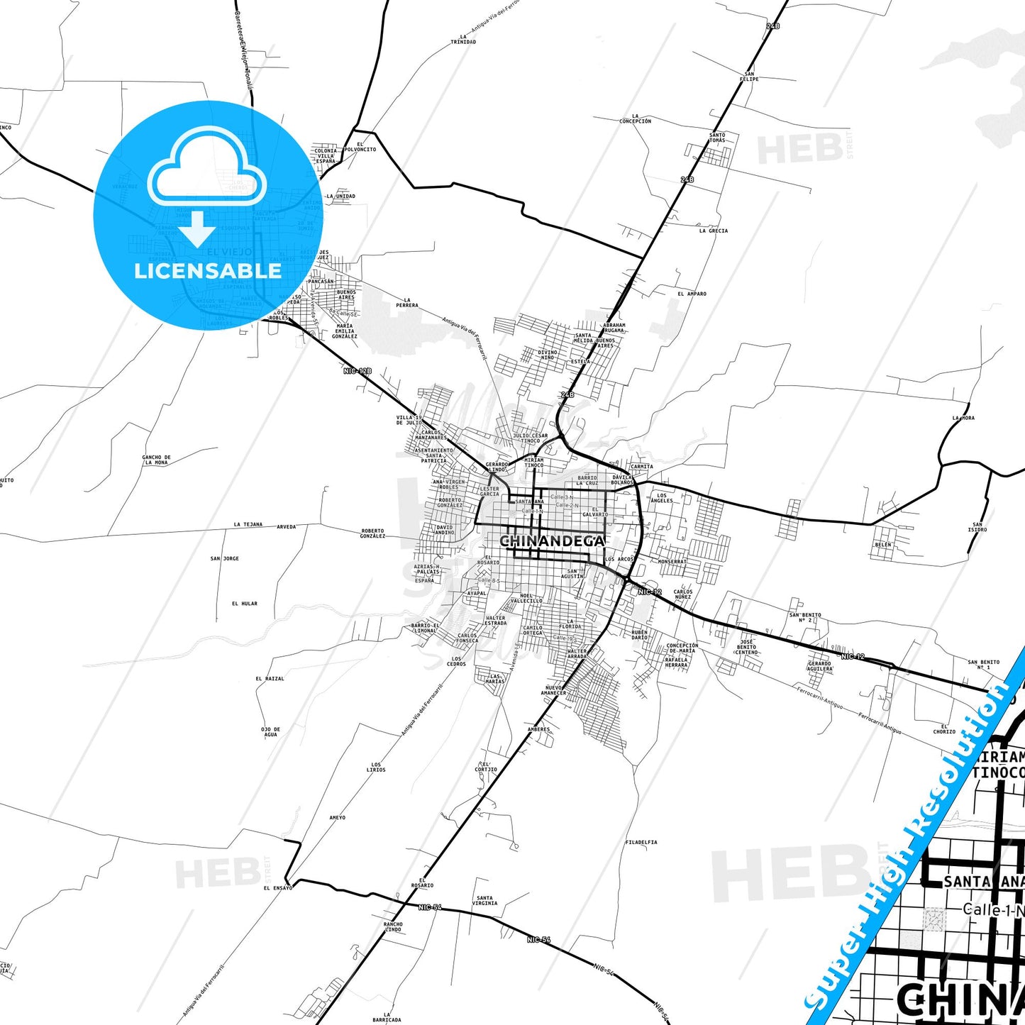 Chinandega, Nicaragua Light Map with Street Names, City Names, and Districts