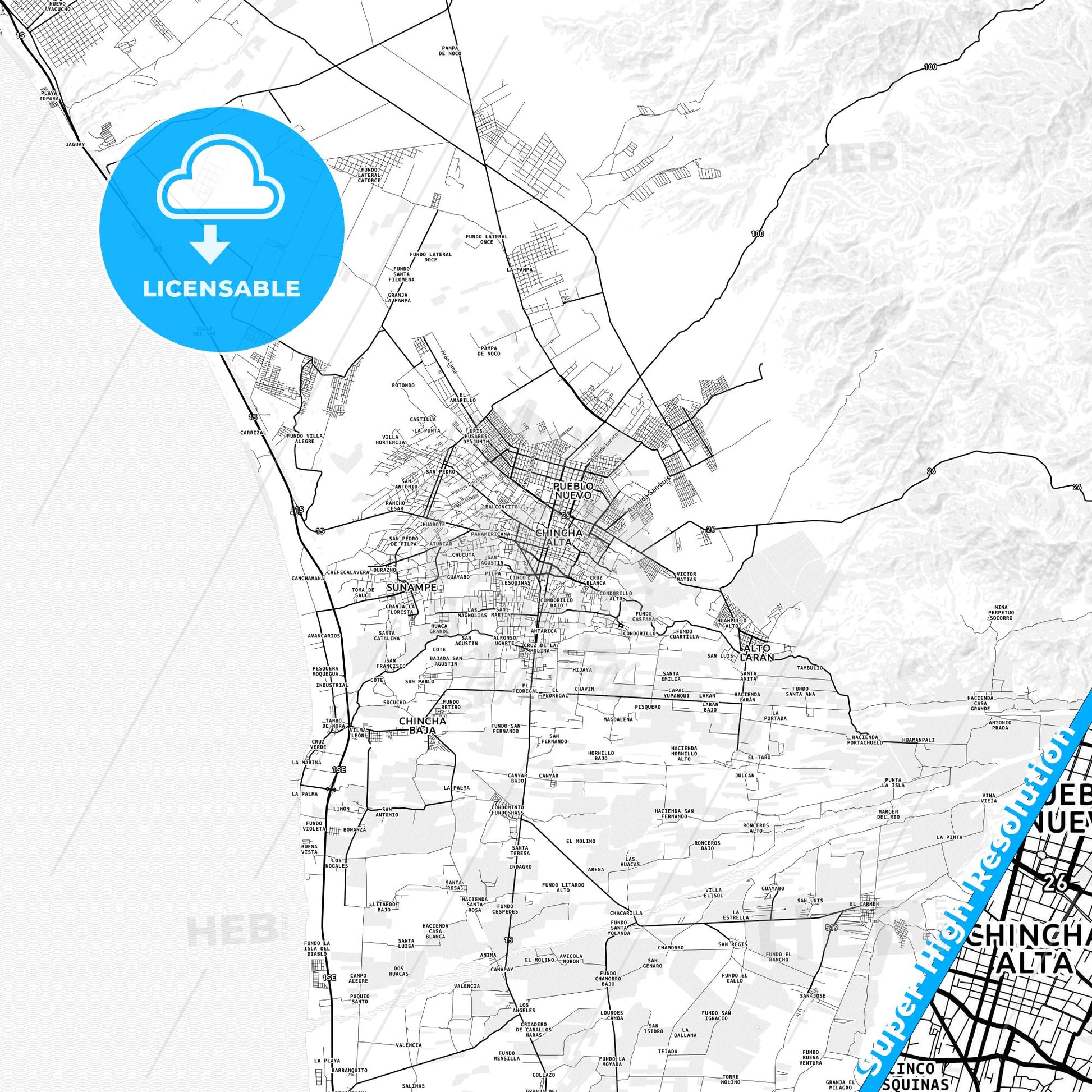 Chincha Alta, Peru light map with streetnames, citynames and districts