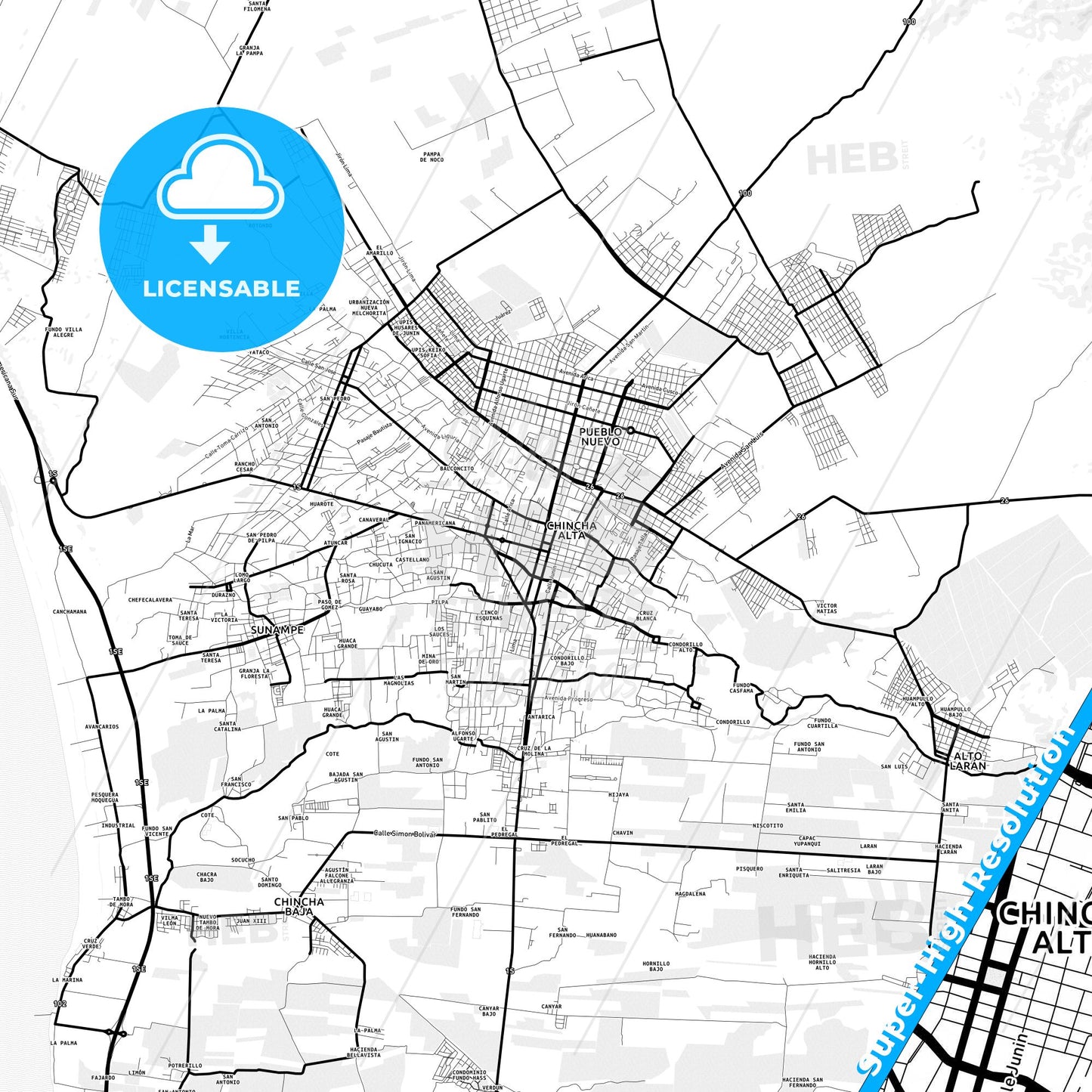 Chincha Alta, Peru Light Map with Street Names, City Names, and Districts