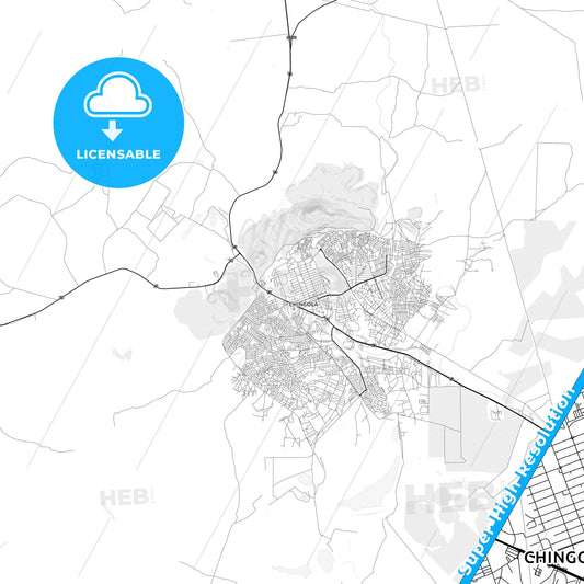 Chingola, Zambia light map with streetnames, citynames and districts