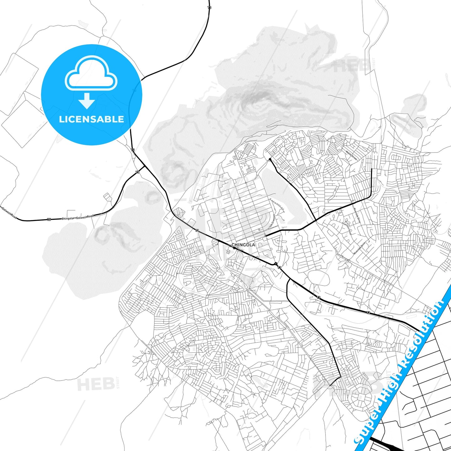 Chingola, Zambia Light Map with Street Names, City Names, and Districts