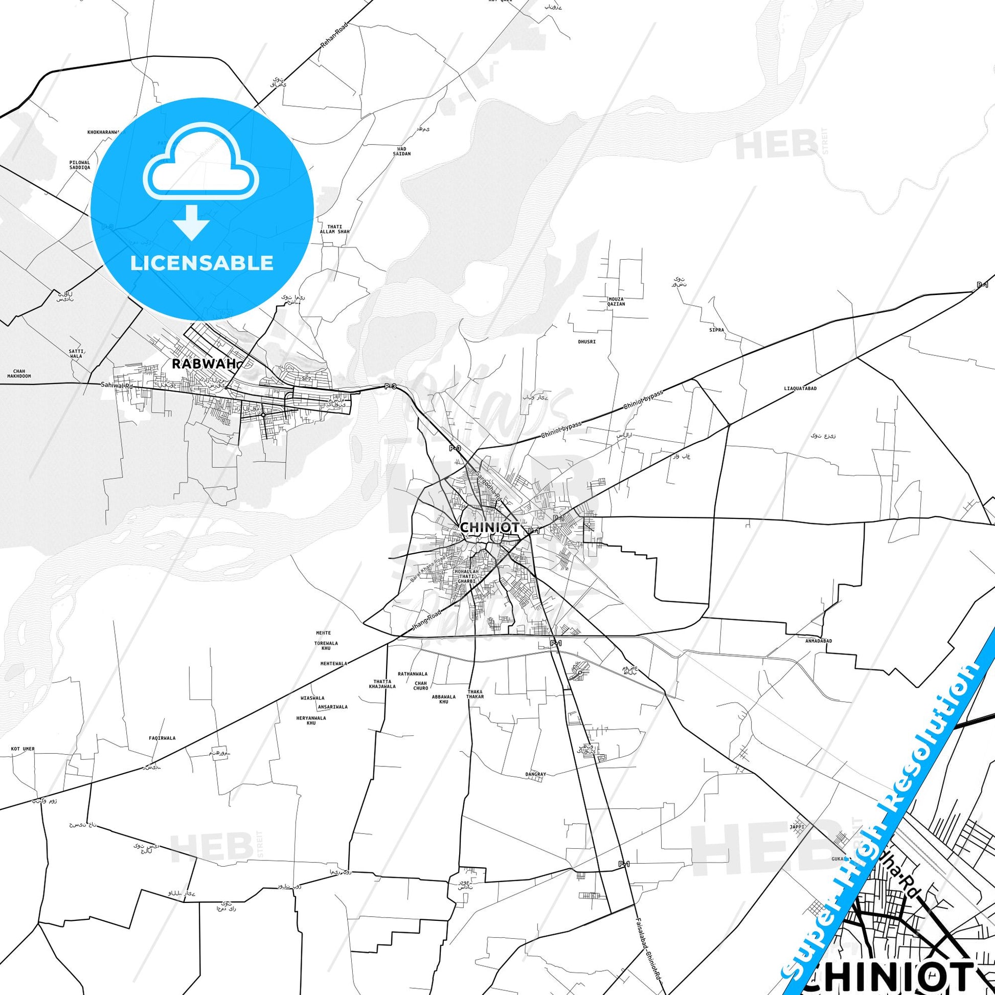 Chiniot, Pakistan light map with streetnames, citynames and districts