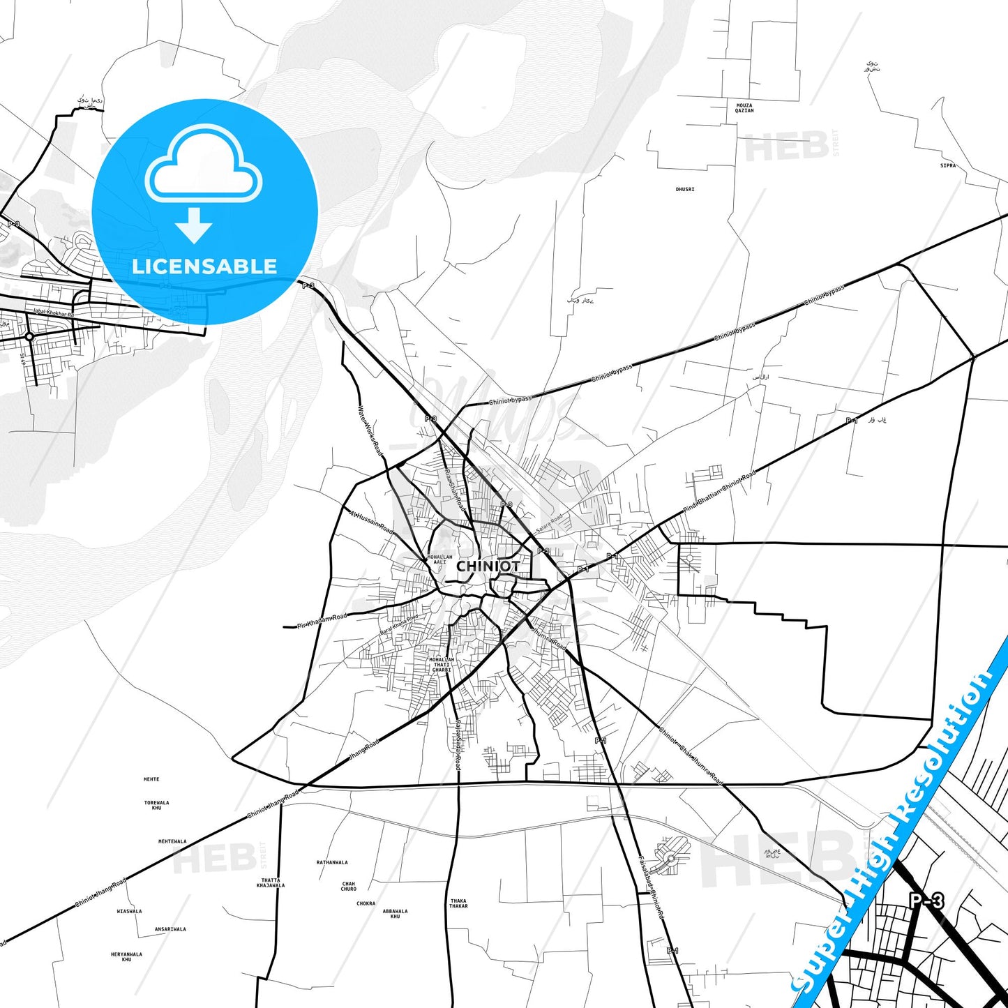 Chiniot, Pakistan Light Map with Street Names, City Names, and Districts
