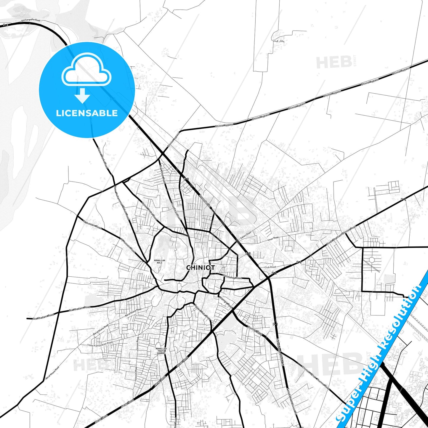Chiniot, Pakistan Light Map with Street Names, City Names, and Districts