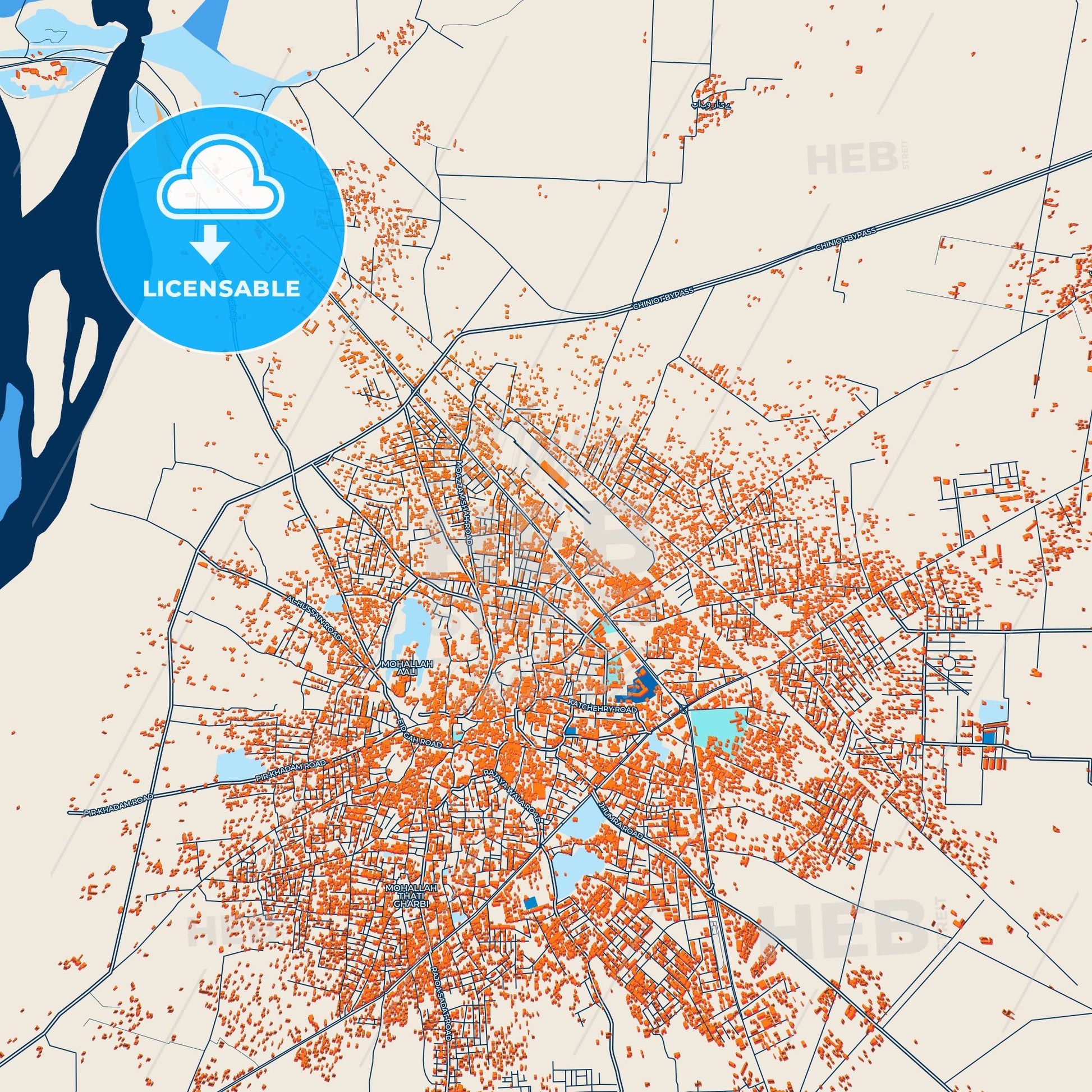 Colorful Chiniot Street Map with Labels and Buildings