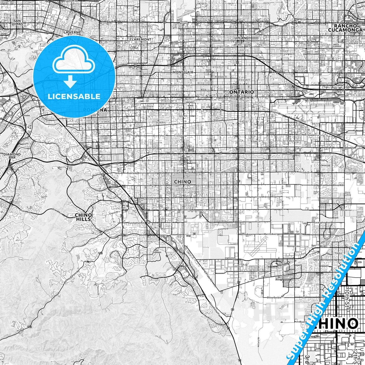 Chino, California light map with streetnames, citynames and districts