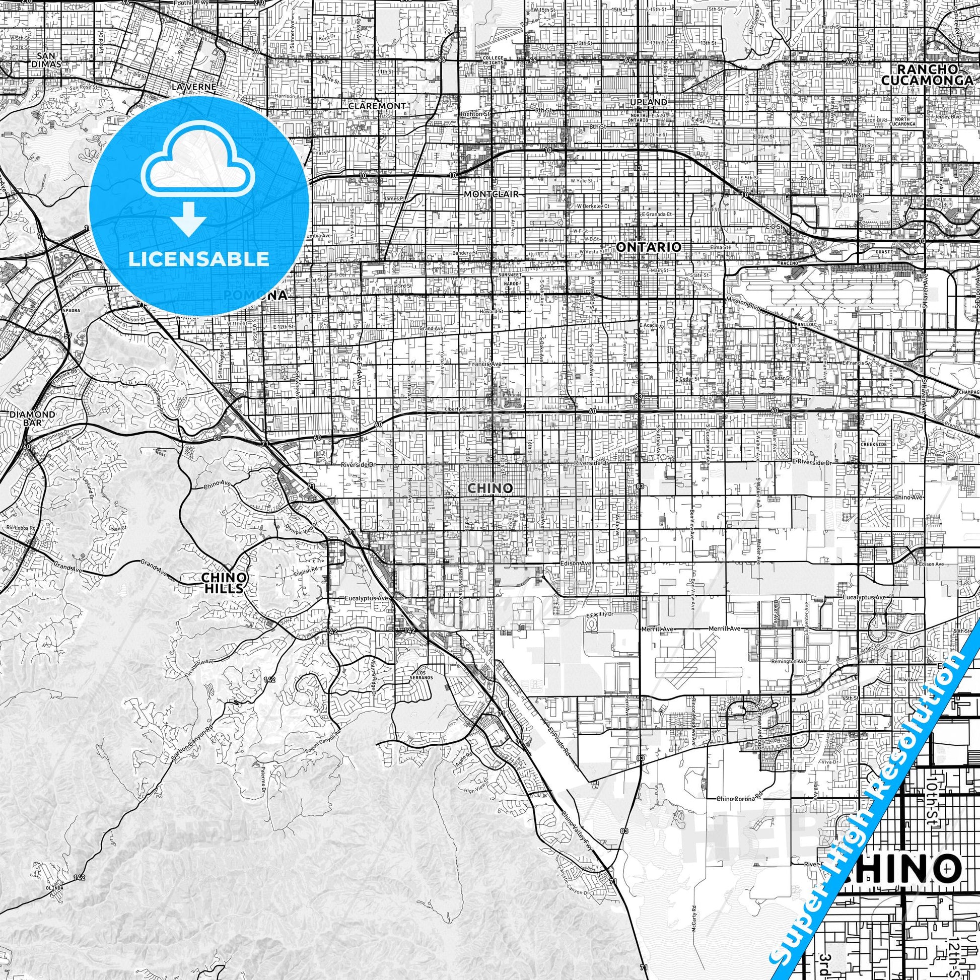 Chino, California light map with streetnames, citynames and districts