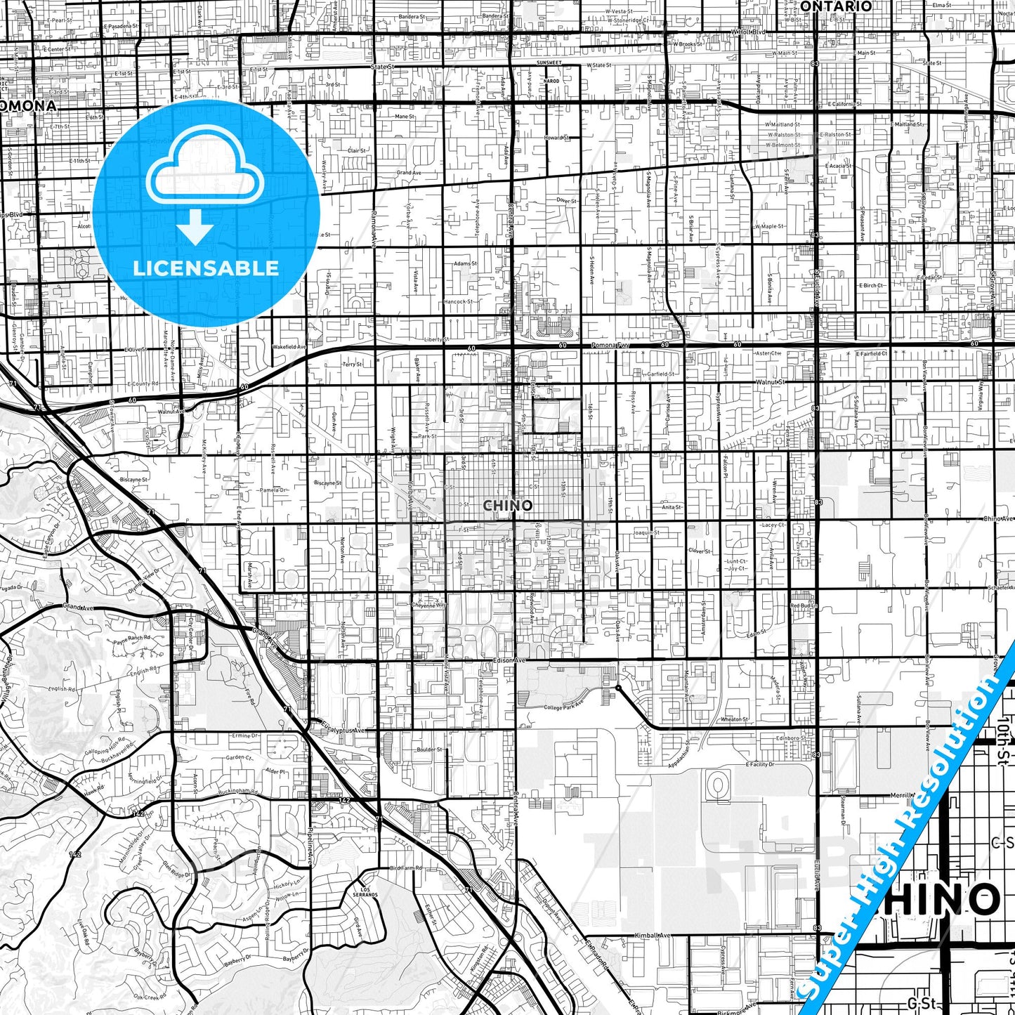 Chino, California Light Map with Street Names, City Names, and Districts
