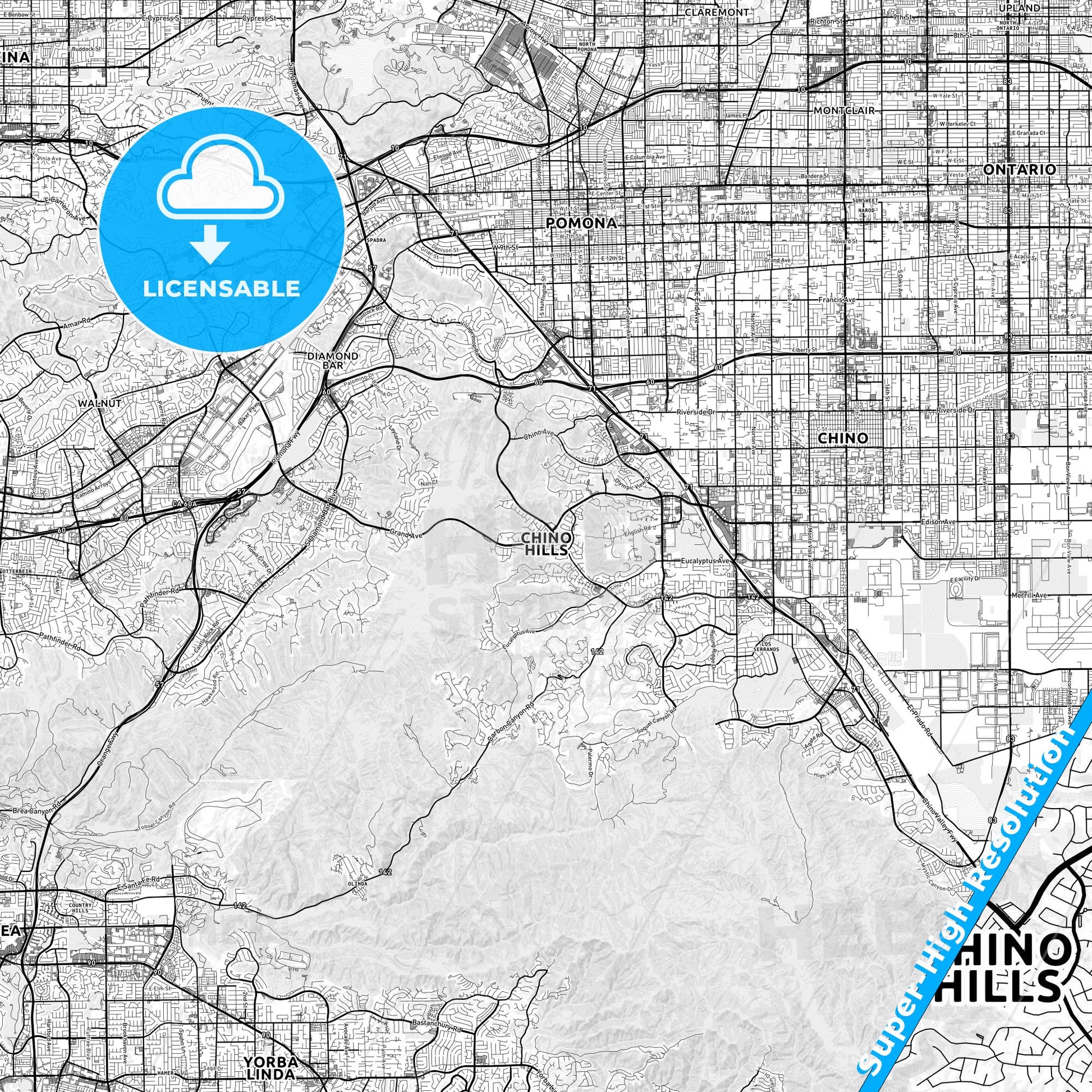 Chino Hills, California light map with streetnames, citynames and districts