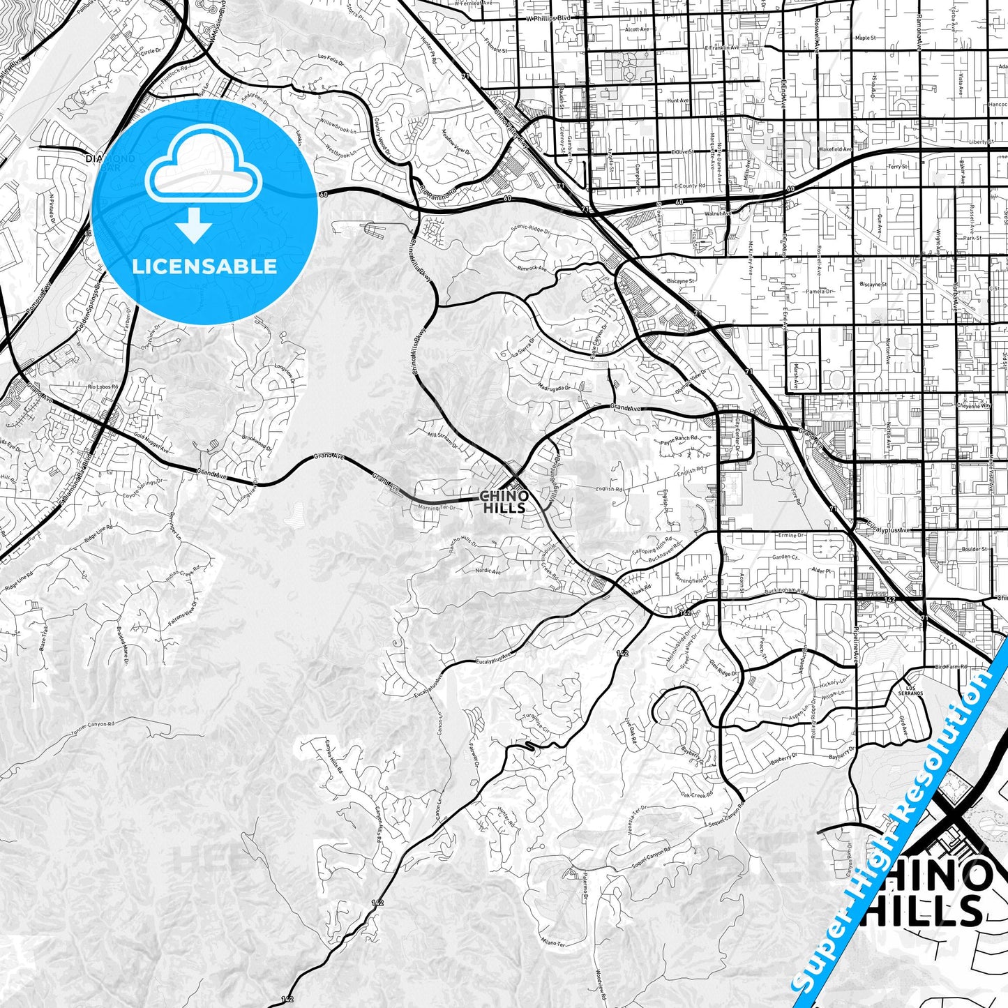 Chino Hills, California Light Map with Street Names, City Names, and Districts