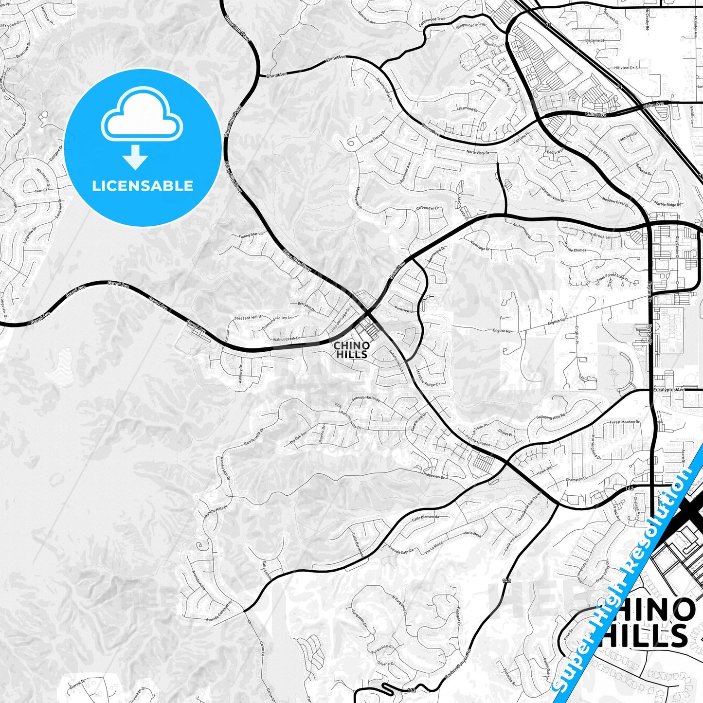 Chino Hills, California Light Map with Street Names, City Names, and Districts