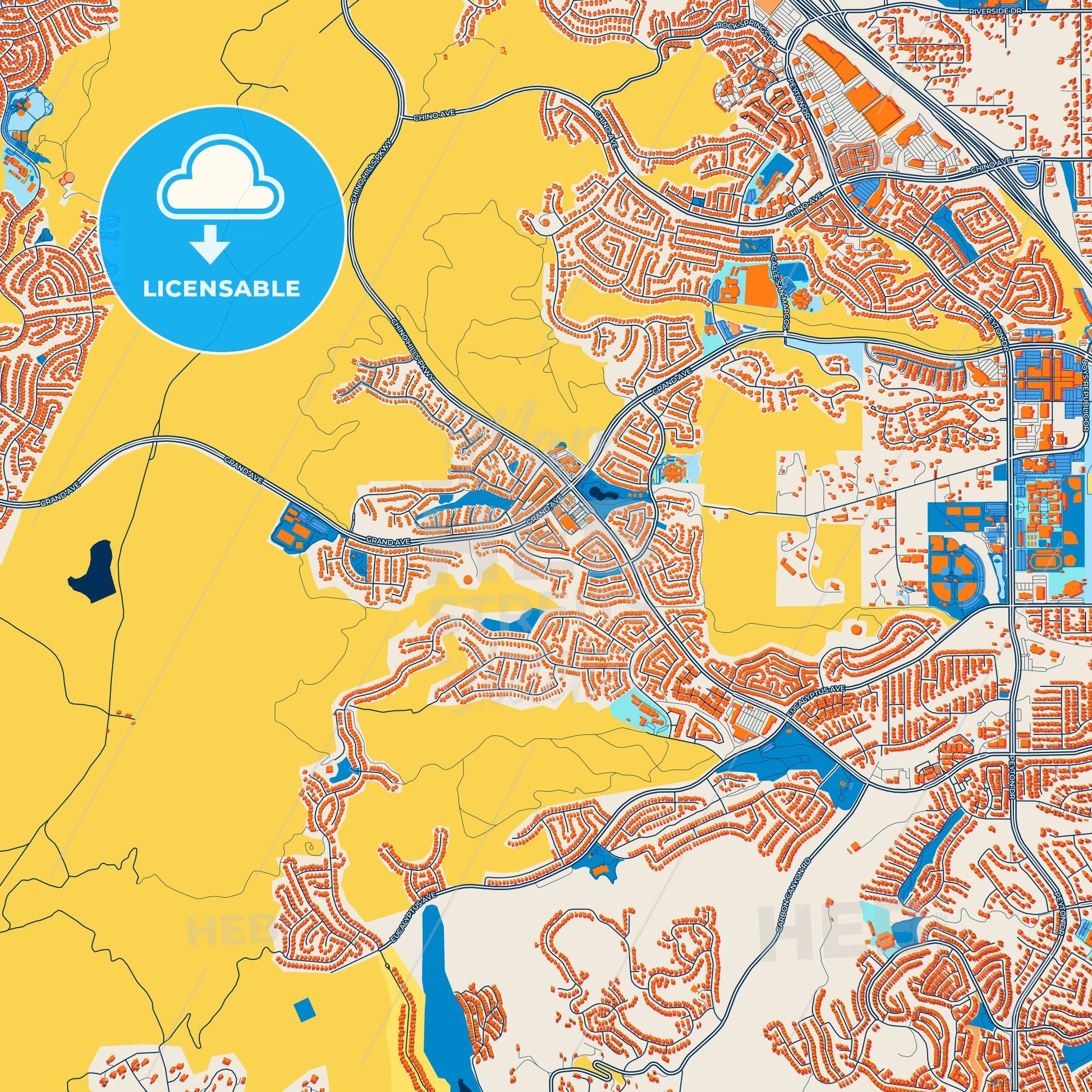 Colorful Chino Hills Street Map with Labels and Buildings