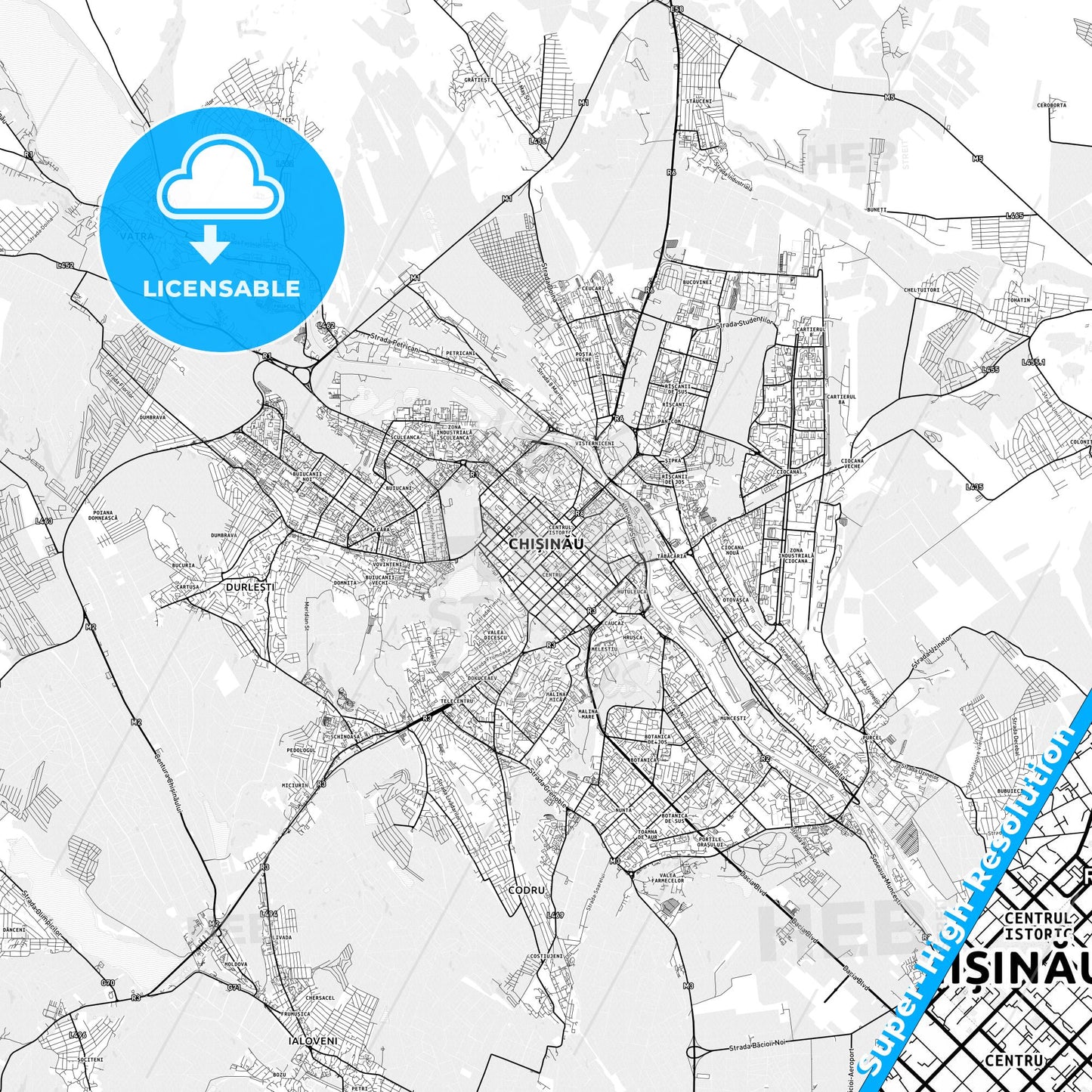 Chișinău, Moldova light map with streetnames, citynames and districts