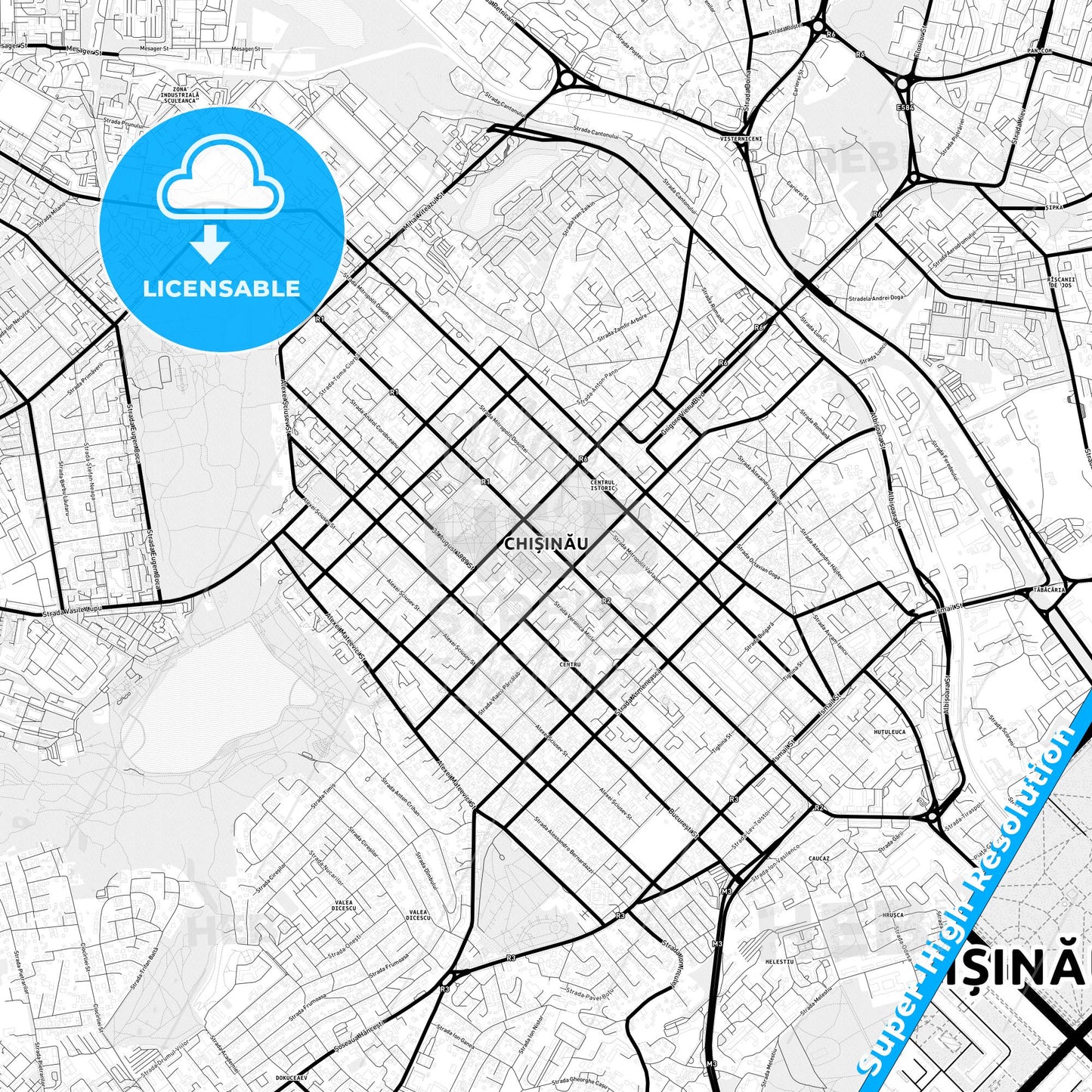 Chișinău, Moldova Light Map with Street Names, City Names, and Districts