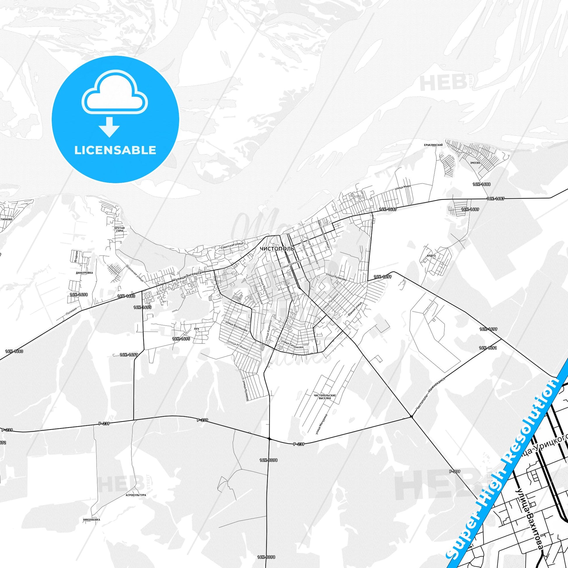 Chistopol, Russia light map with streetnames, citynames and districts