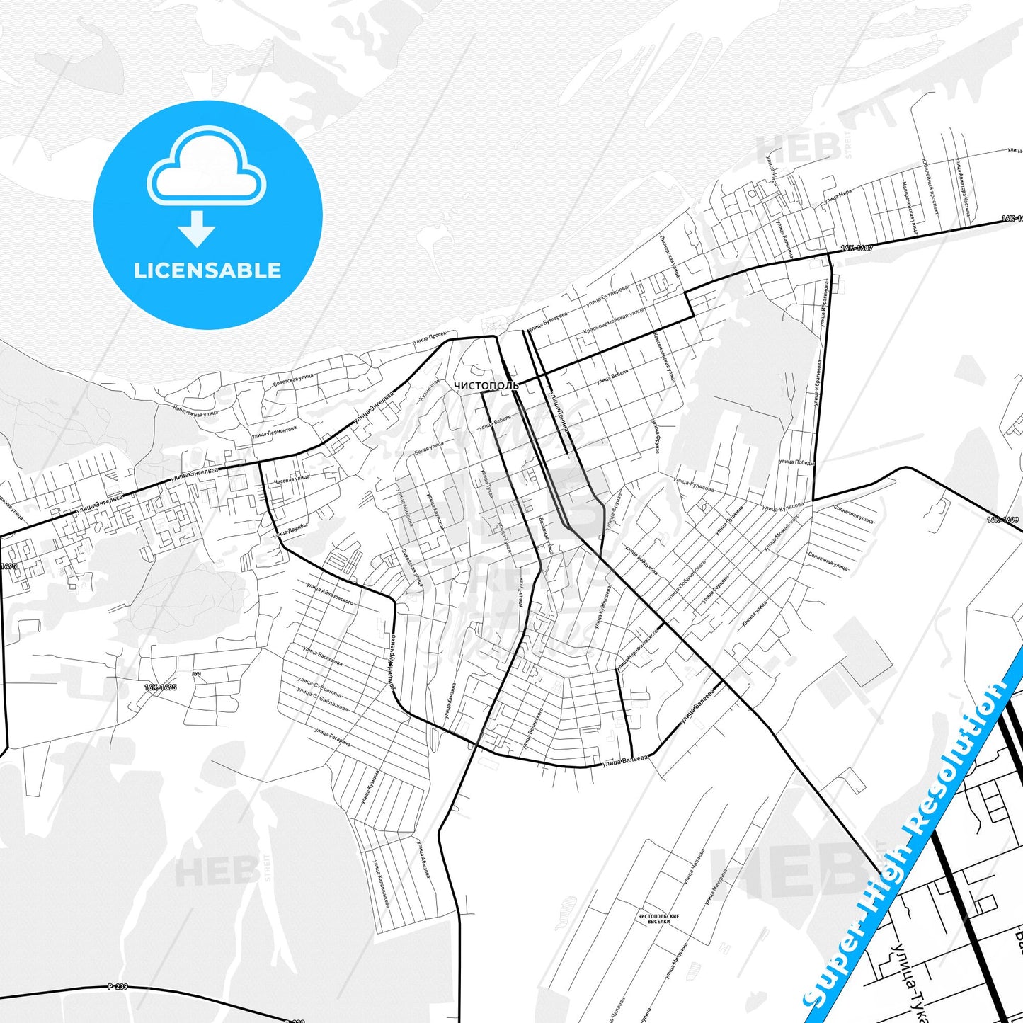 Chistopol, Russia Light Map with Street Names, City Names, and Districts