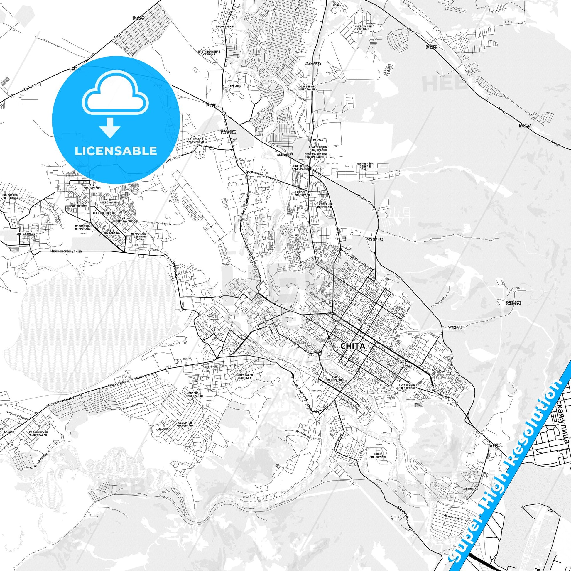 Chita, Russia light map with streetnames, citynames and districts