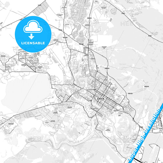 Chita, Russia light map with streetnames, citynames and districts