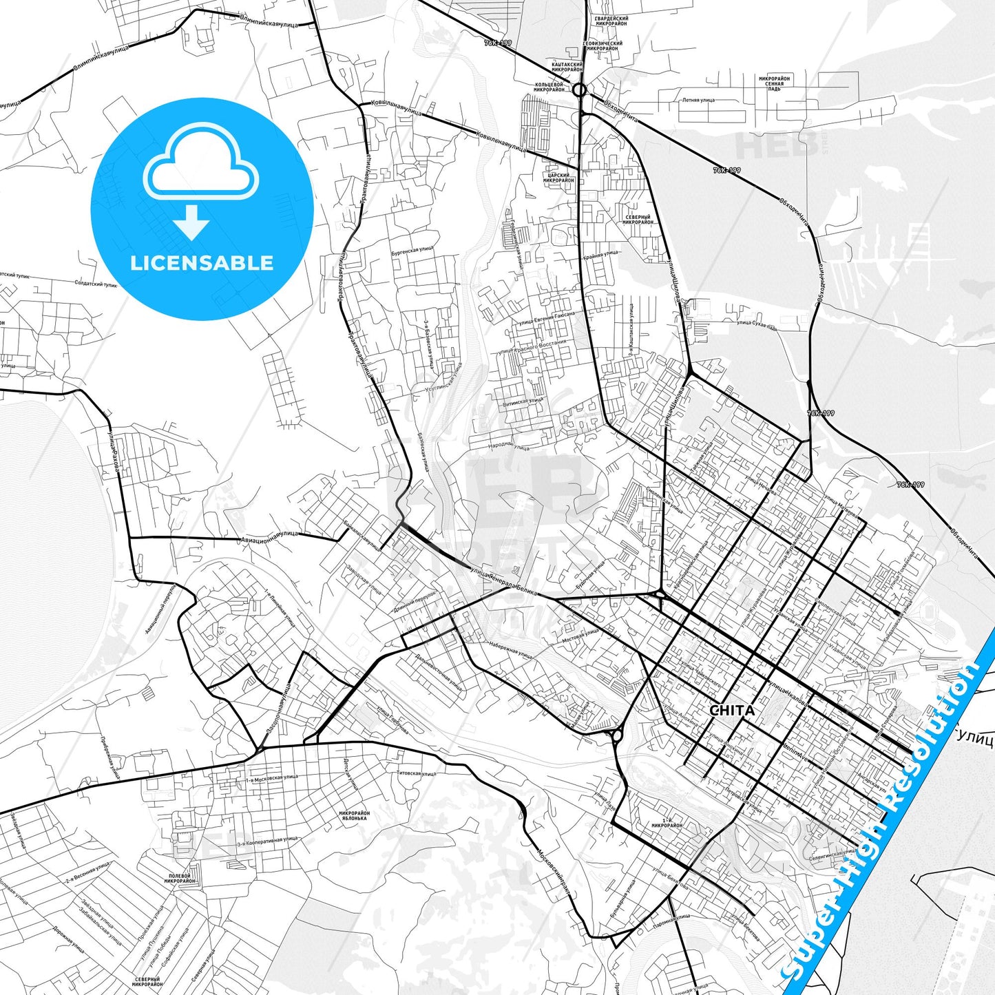 Chita, Russia Light Map with Street Names, City Names, and Districts