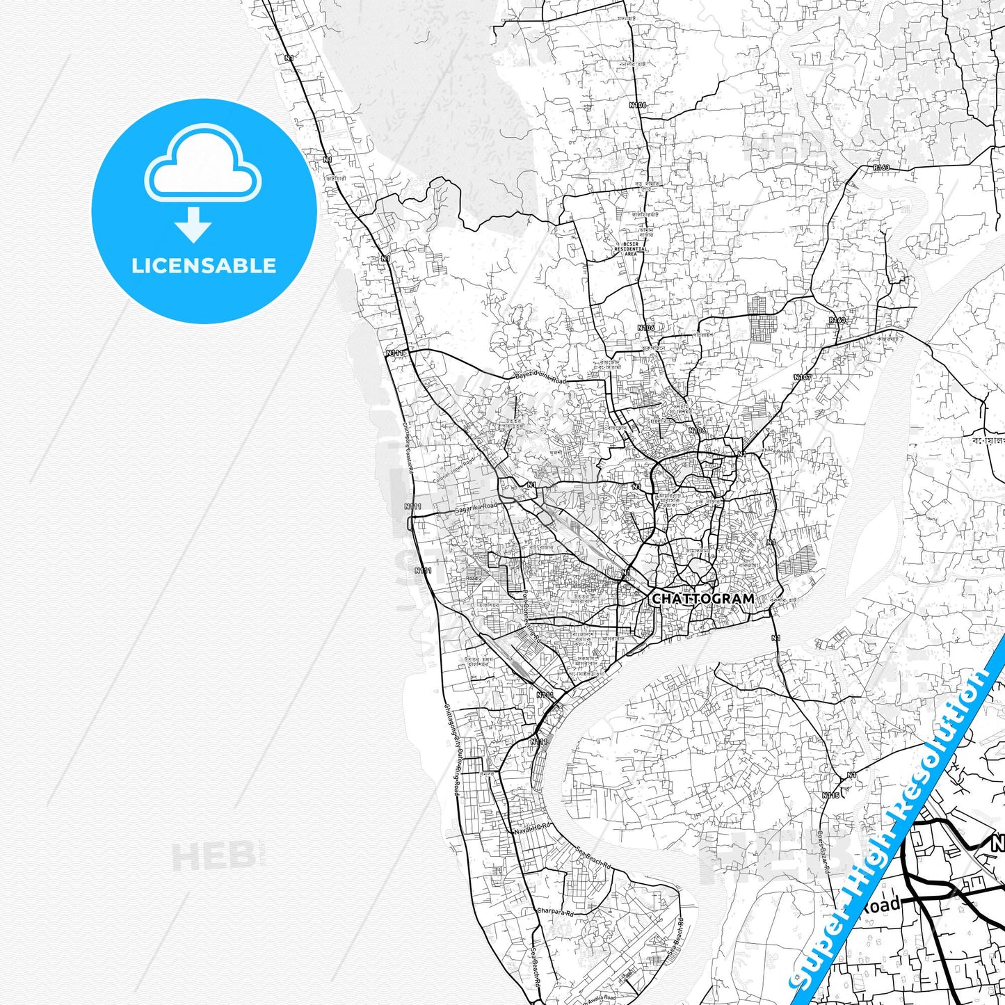 Chittagong, Bangladesh light map with streetnames, citynames and districts