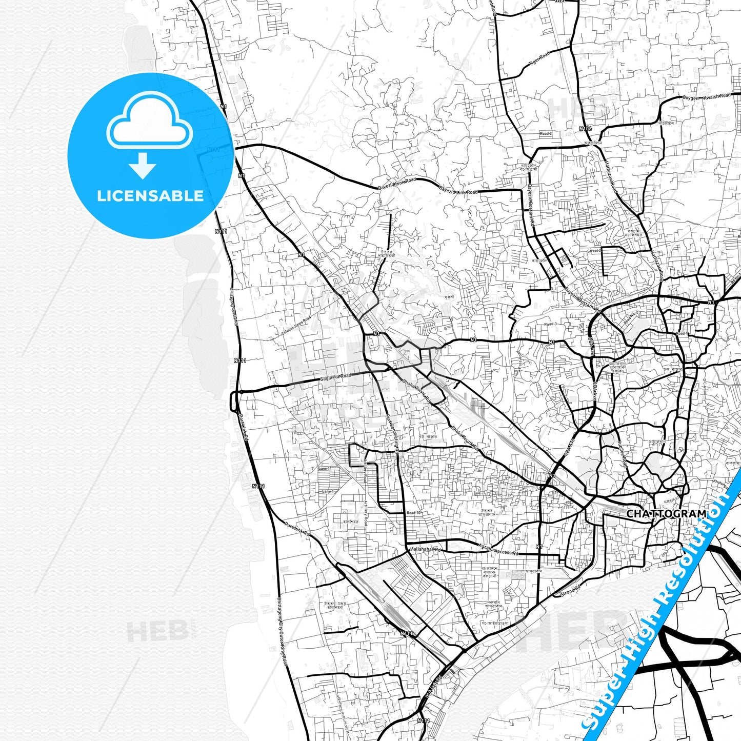 Chittagong, Bangladesh Light Map with Street Names, City Names, and Districts