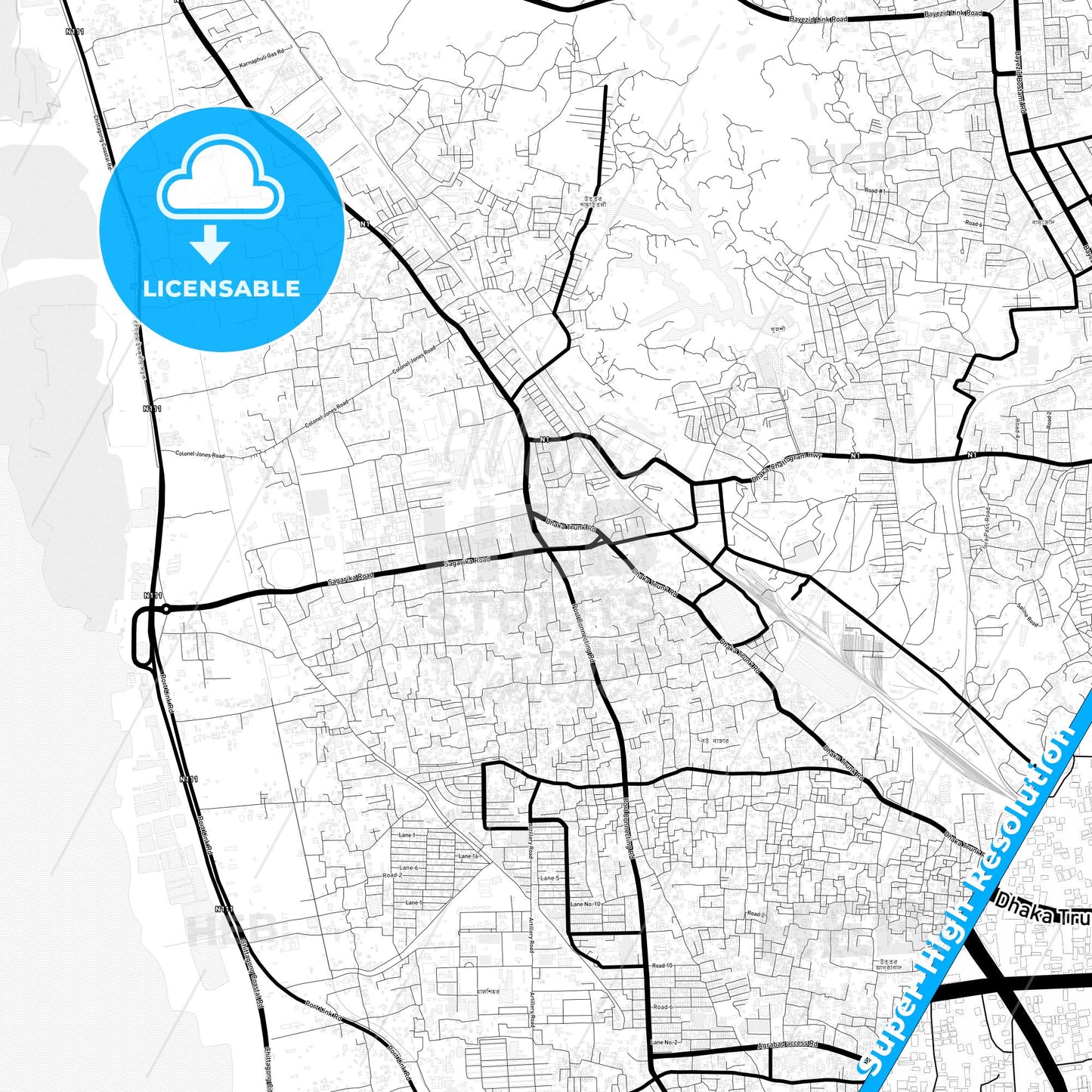 Chittagong, Bangladesh Light Map with Street Names, City Names, and Districts