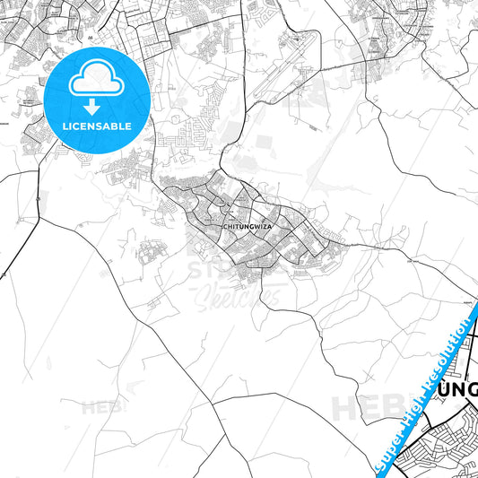 Chitungwiza, Zimbabwe light map with streetnames, citynames and districts