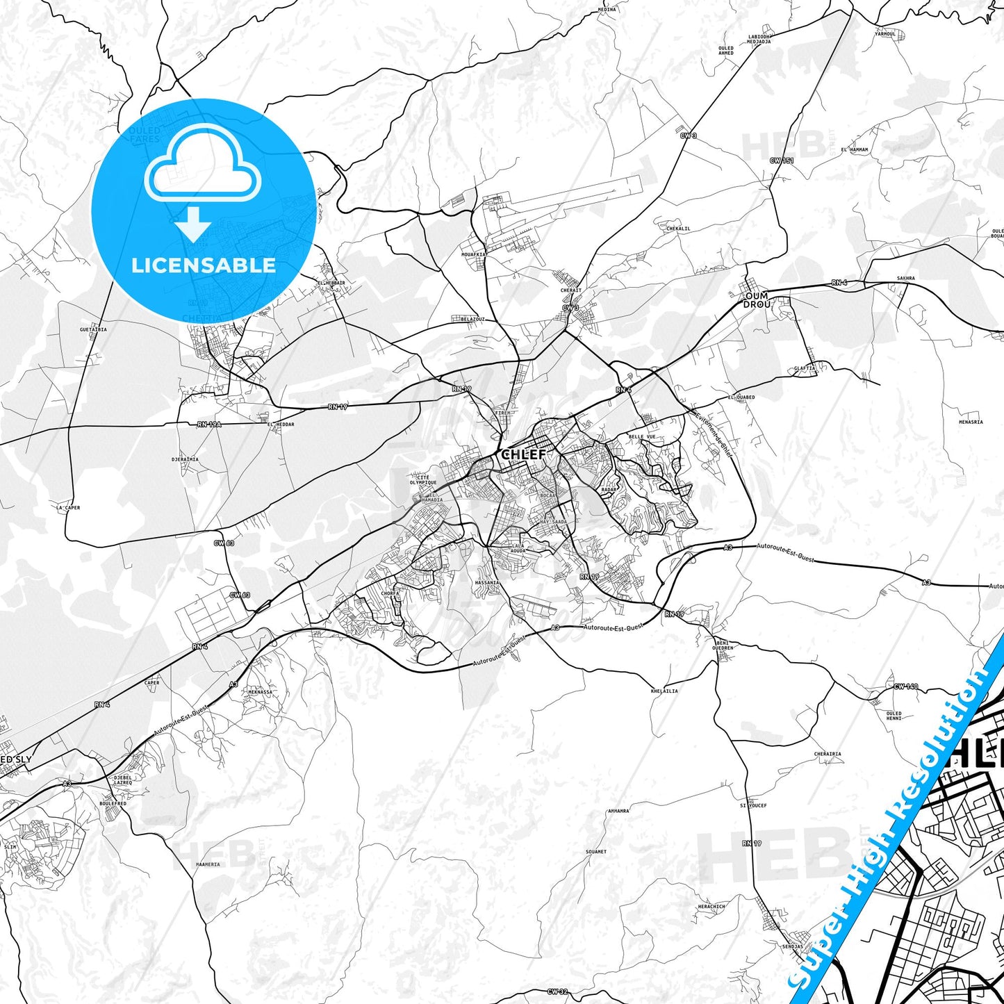 Chlef, Algeria light map with streetnames, citynames and districts