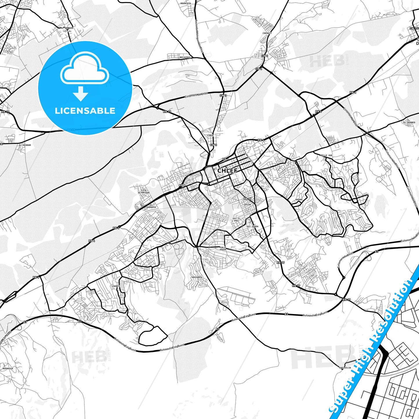 Chlef, Algeria Light Map with Street Names, City Names, and Districts