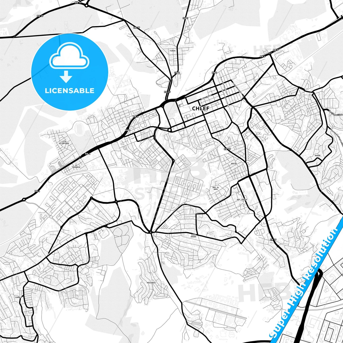 Chlef, Algeria Light Map with Street Names, City Names, and Districts