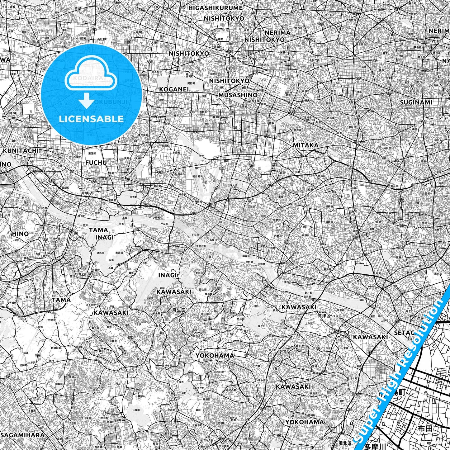 Chōfu, Japan light map with streetnames, citynames and districts