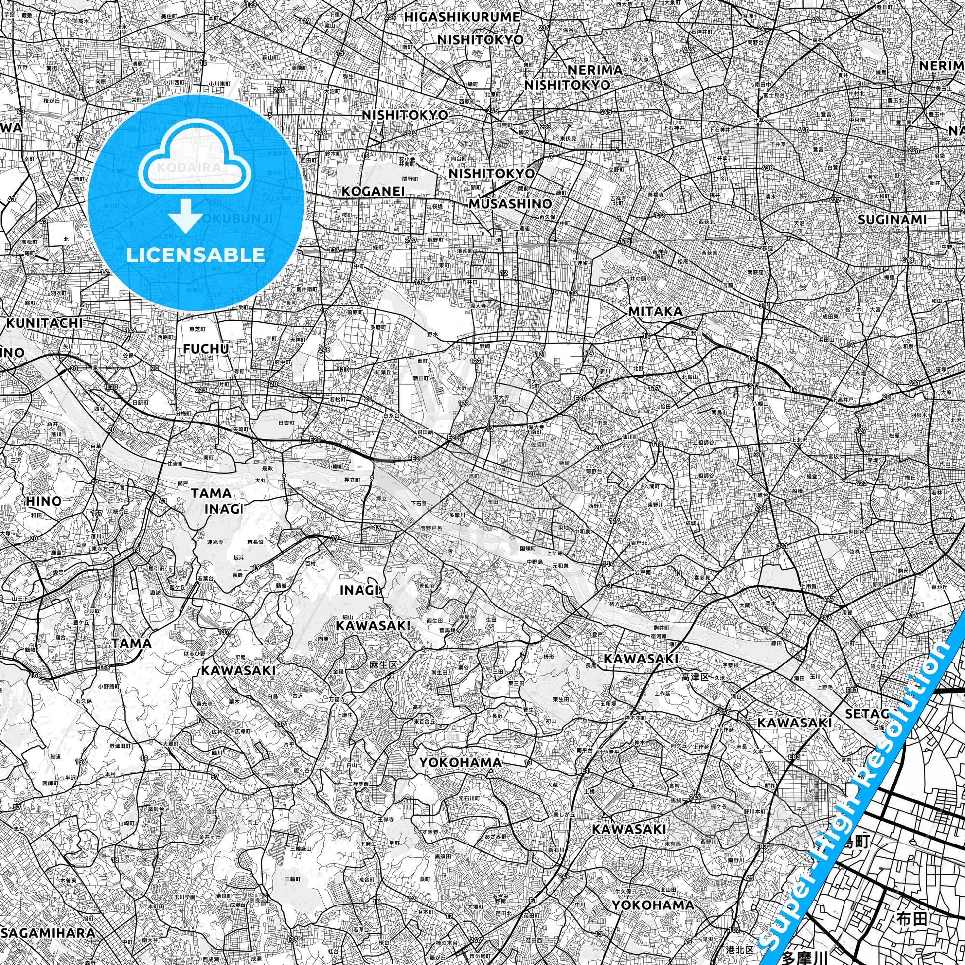 Chōfu, Japan light map with streetnames, citynames and districts