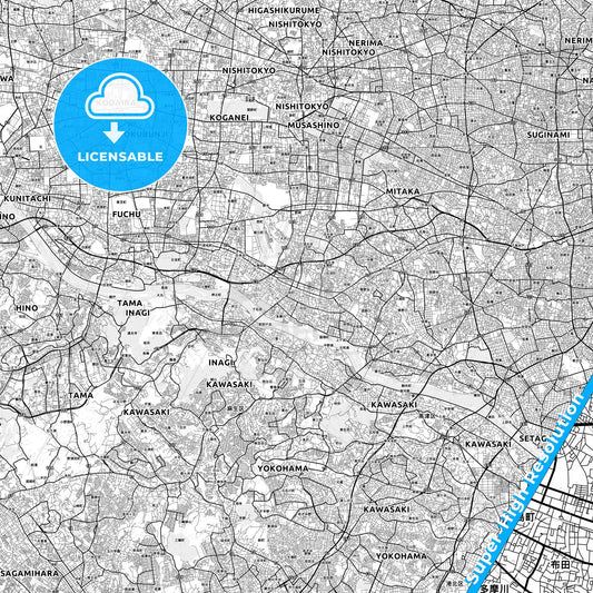 Chōfu, Japan light map with streetnames, citynames and districts