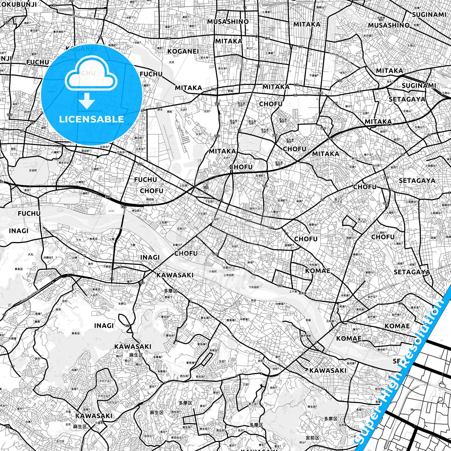 Chōfu, Japan Light Map with Street Names, City Names, and Districts