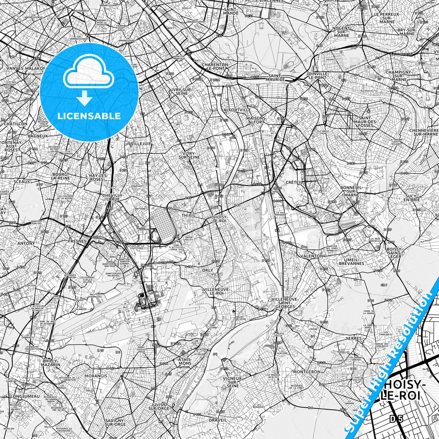 Choisy-le-Roi, France light map with streetnames, citynames and districts