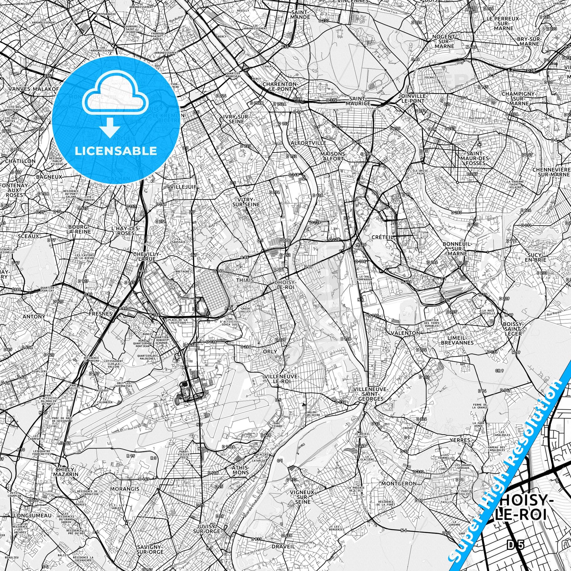 Choisy-le-Roi, France light map with streetnames, citynames and districts