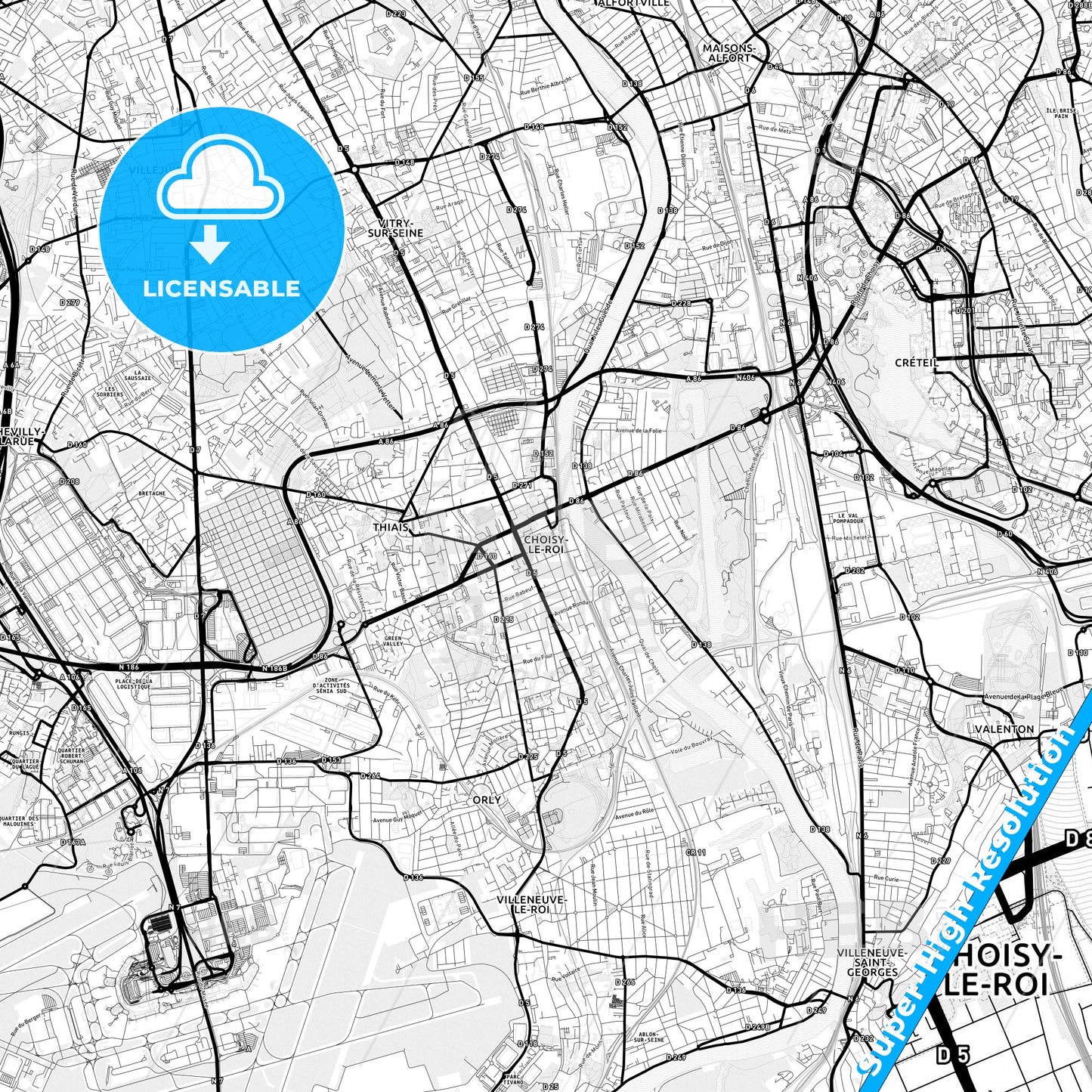Choisy-le-Roi, France Light Map with Street Names, City Names, and Districts