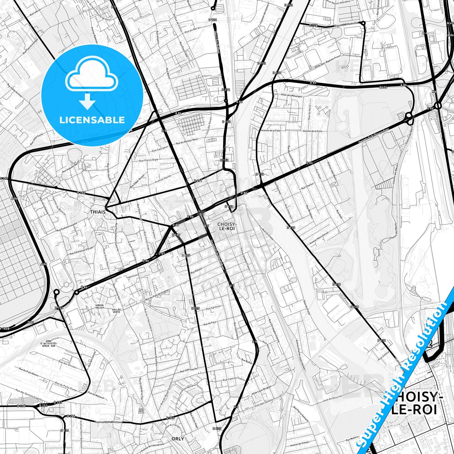 Choisy-le-Roi, France Light Map with Street Names, City Names, and Districts