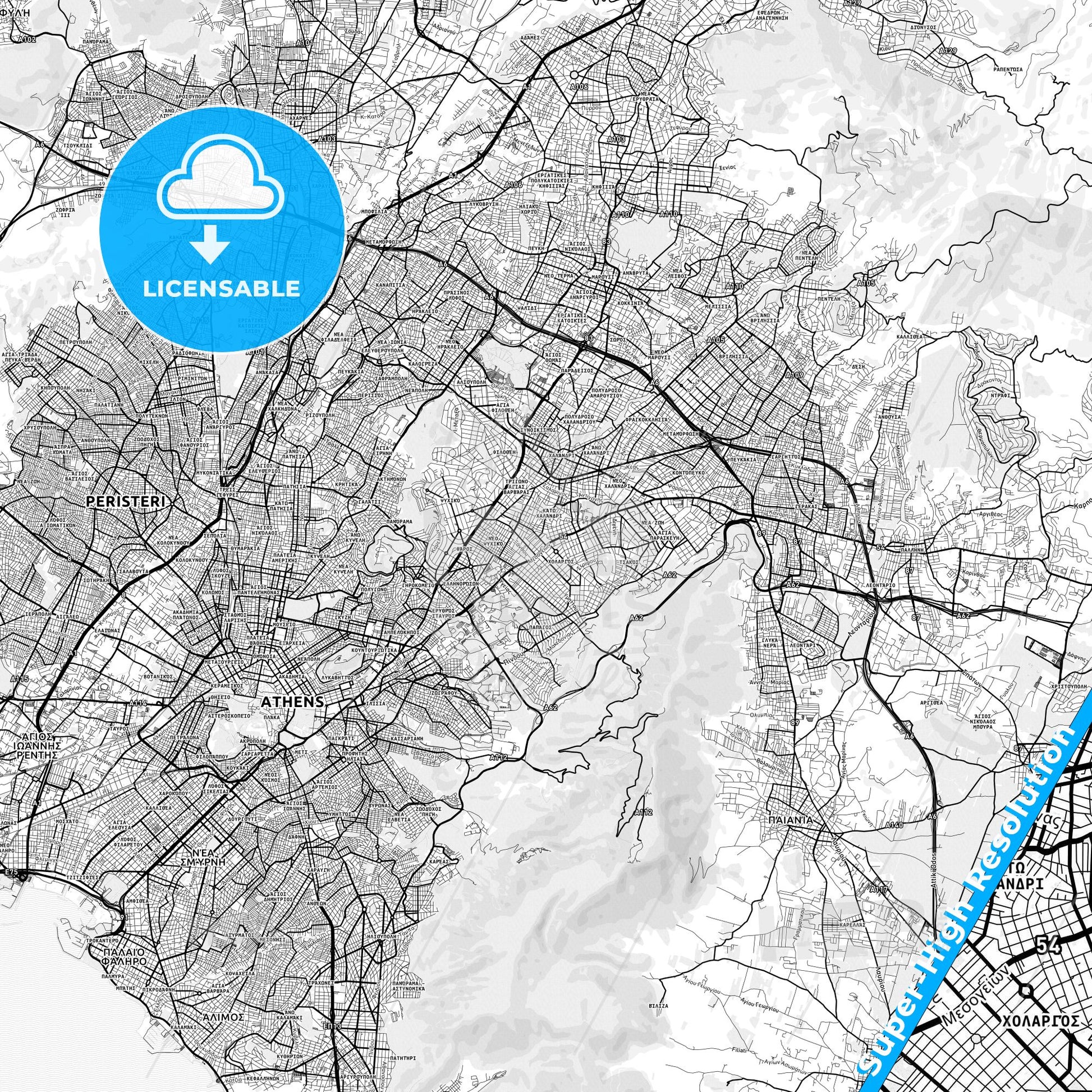 Cholargos, Greece light map with streetnames, citynames and districts