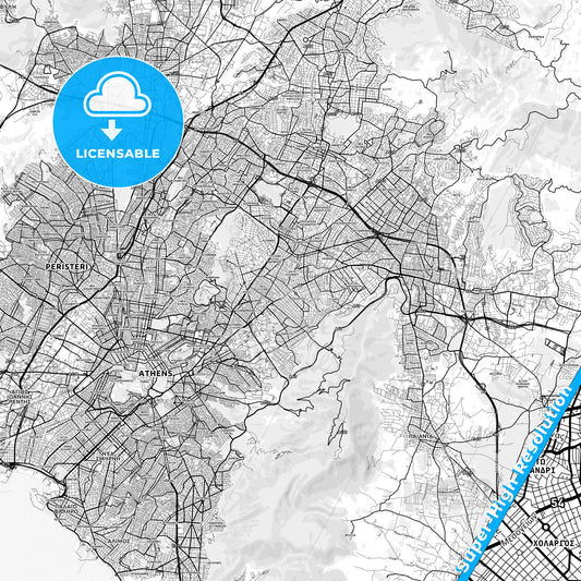 Cholargos, Greece light map with streetnames, citynames and districts