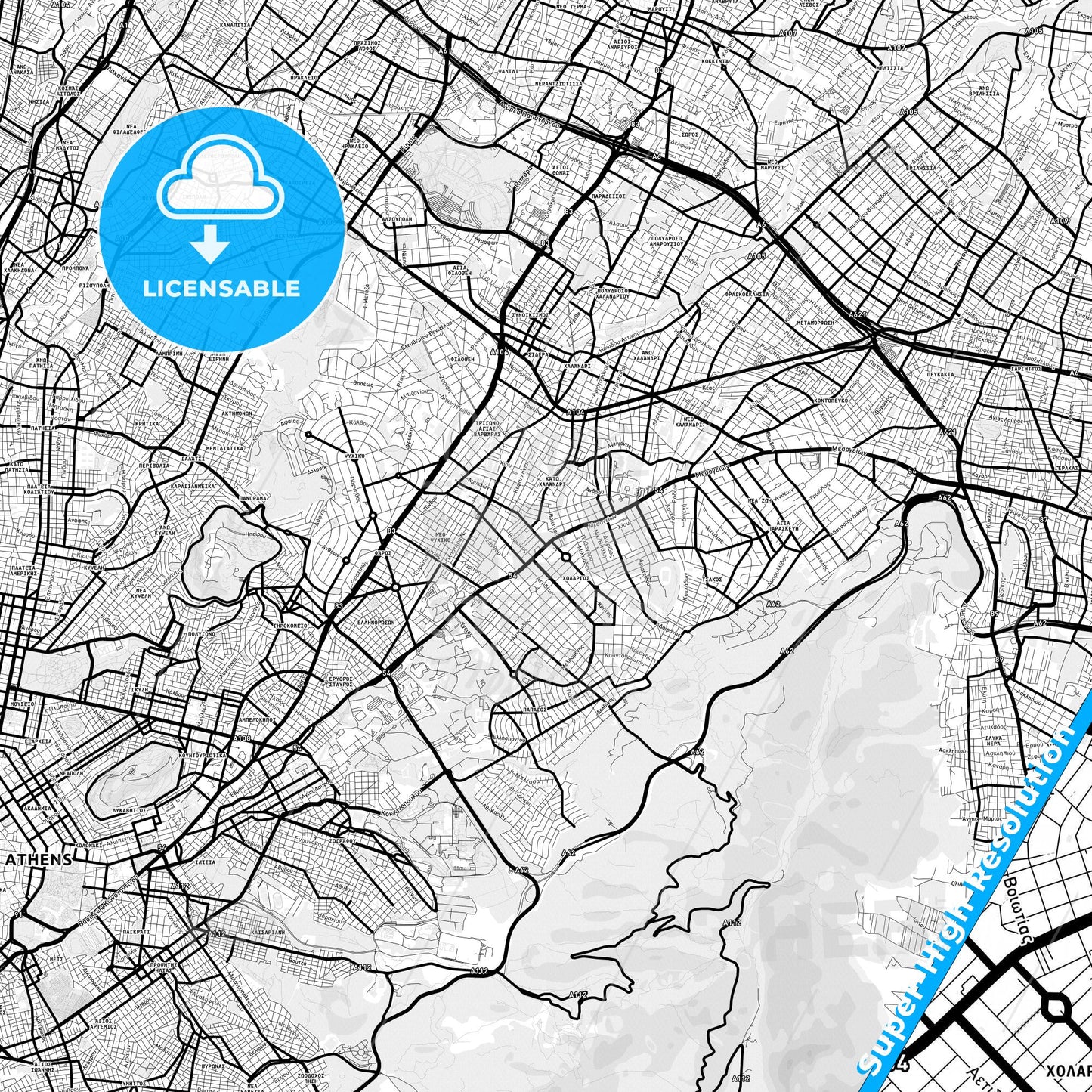 Cholargos, Greece Light Map with Street Names, City Names, and Districts