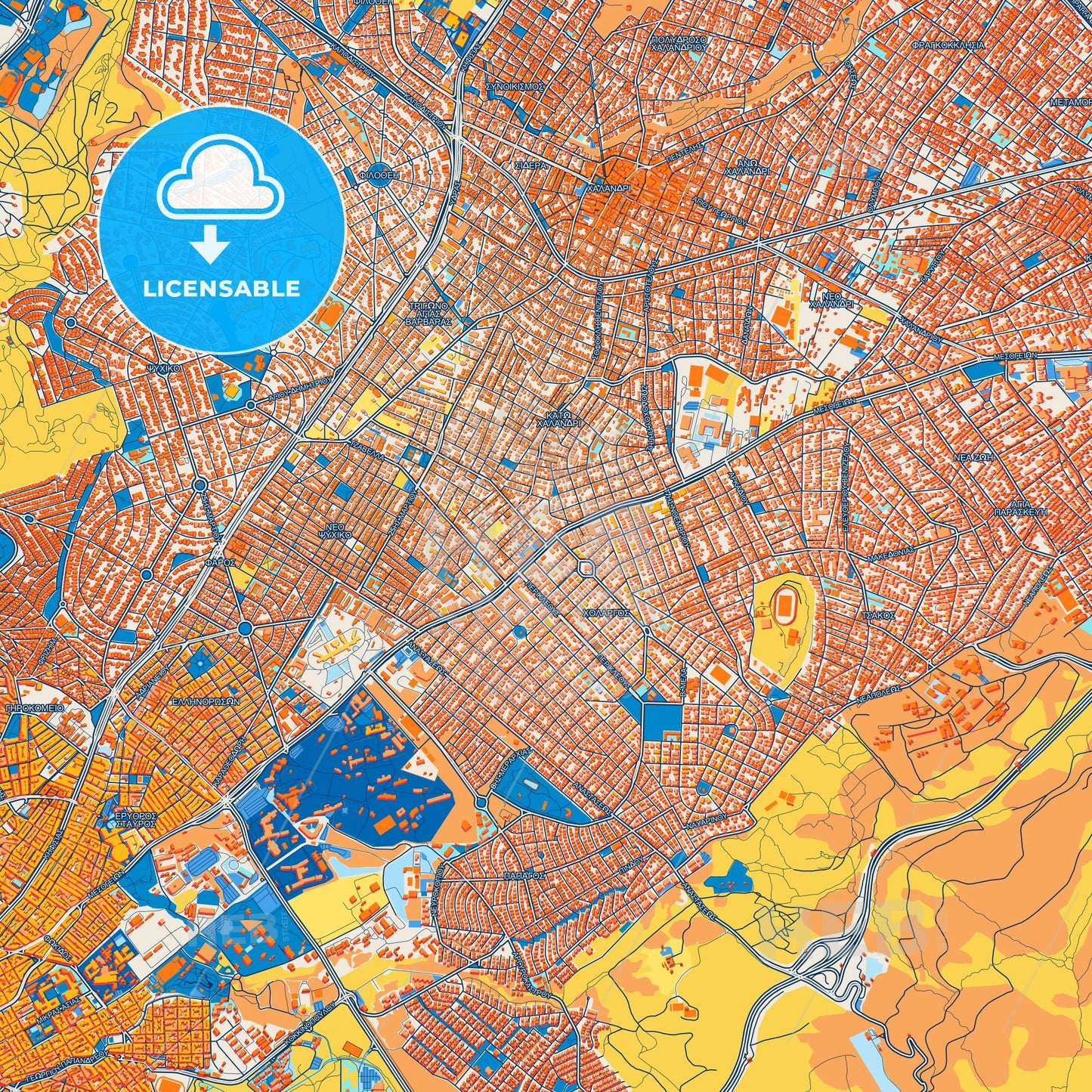 Colorful Cholargos Street Map with Labels and Buildings